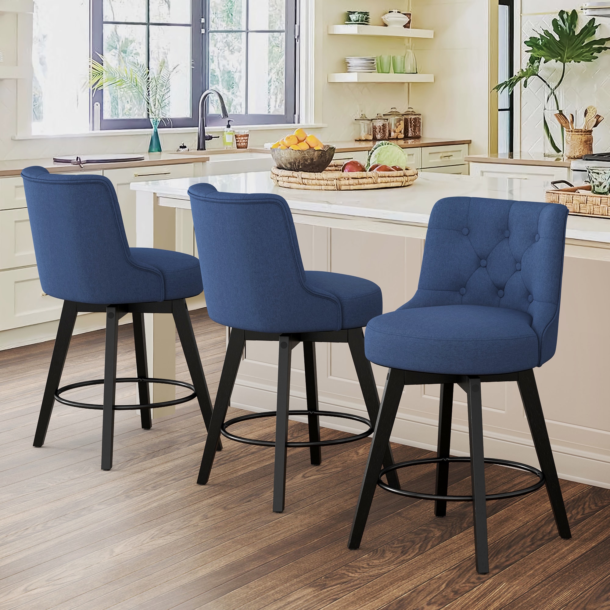 LUE BONA 3YB-156-02LS 3 -Set Navy Blue 26-in H Counter height Round seat Upholstered Swivel Wood Bar Stool and Back