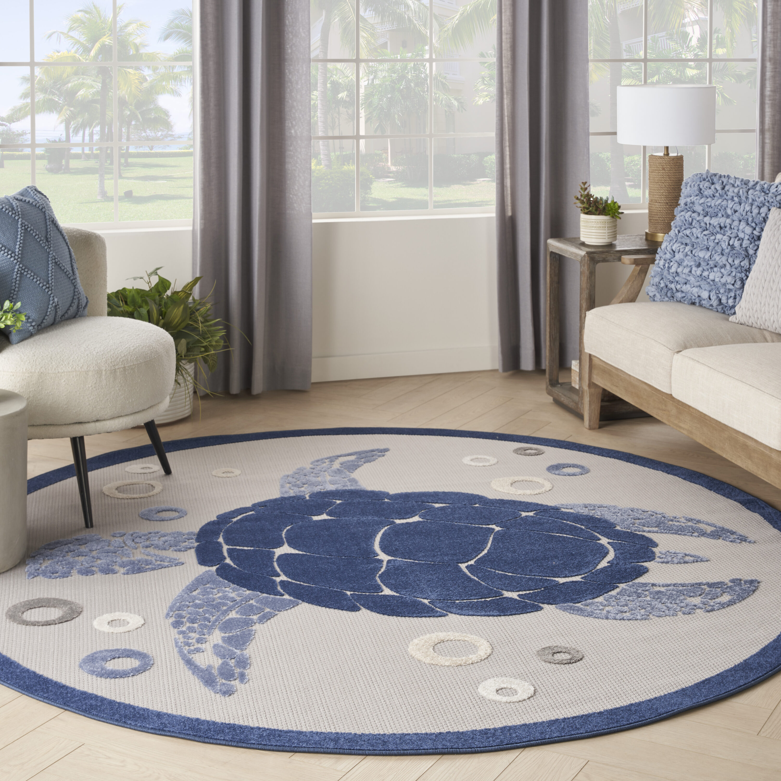 Nourison 099446135940 Aloha 8 x 8 (ft) Loomed Polypropylene Navy Blue Round Indoor/Outdoor Animal print Coastal Area rug
