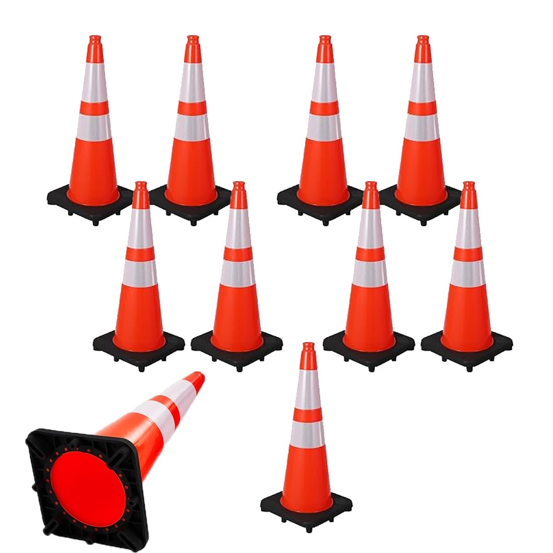 GarveeLife 28 Inch Orange Traffic Cones 10 Pack Heavy-Duty PVC Safety Cones with Reflective Collars and Weighted Black Base Durable Construction Parking Cones for Road Hazard Safety Control