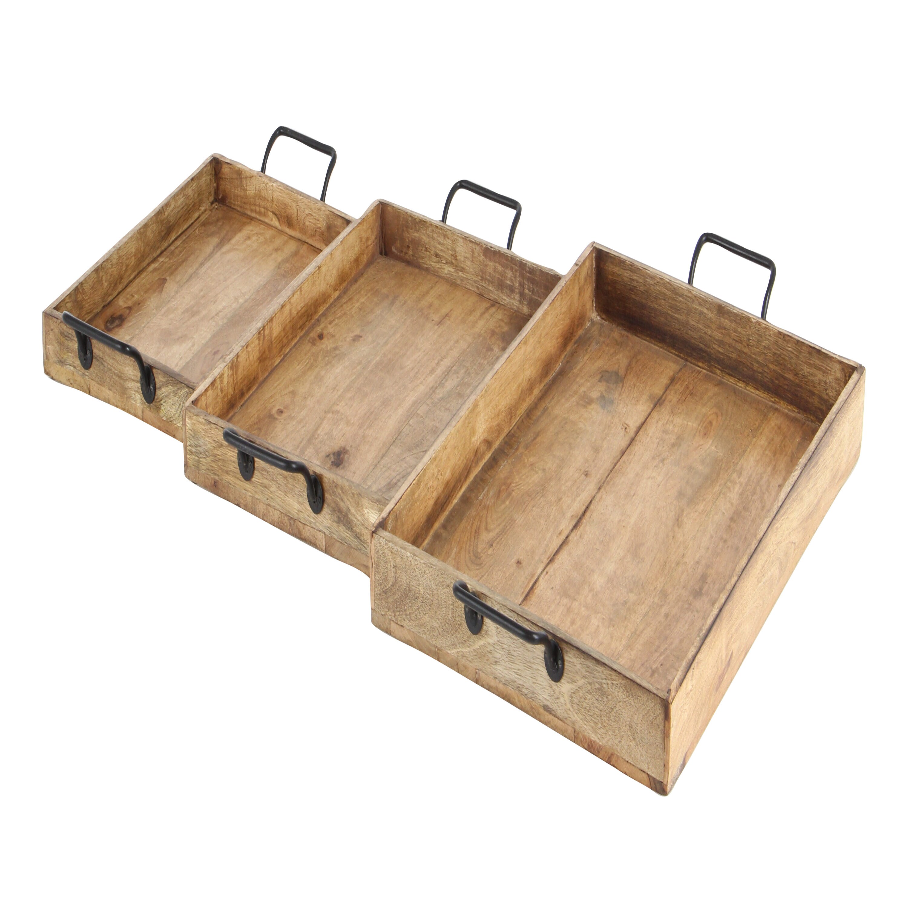 Rustic Brown Mango Wood Rectangular Tray Set with Slot Handles