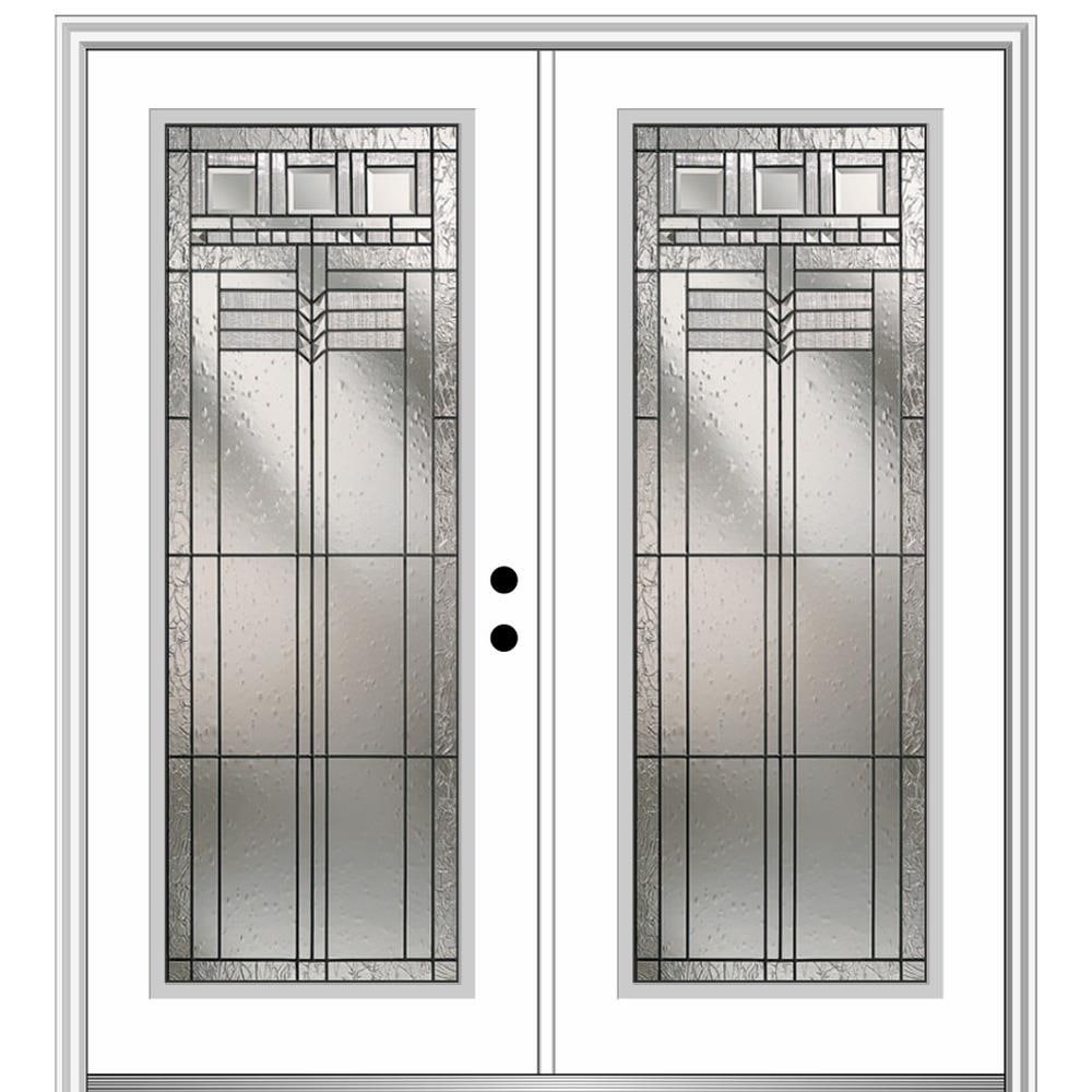 MMI DOOR ZZ3665160L 64-in x 80-in x 6-9/16-in Fiberglass Full lite Left-hand inswing Brilliant White Painted Prehung Double Front Door with Brickmould Insulating core