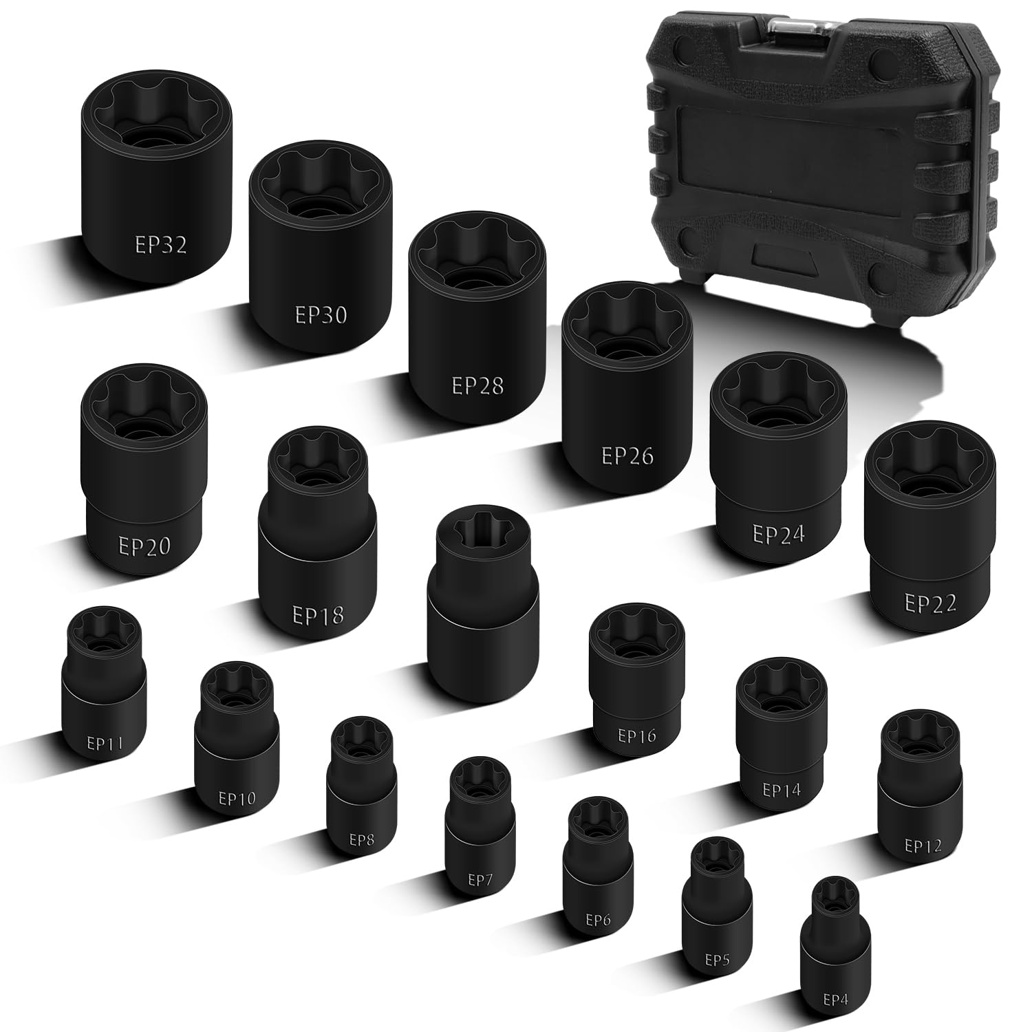 Afoxsos  19pcs External Torx Plus Socket Set 6 Point EP Sockets Female E Torx Set High Strength Chrome Vanadium Steel Half Quarter Three Eighth