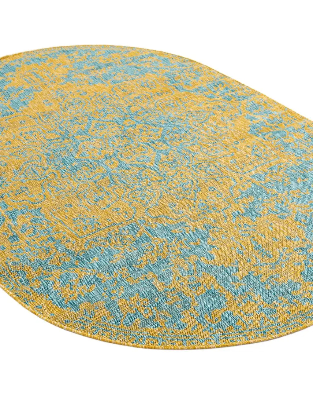 Unique Loom 3180864 Jill Zarin Outdoor 5 x 8 (ft) Loomed Polypropylene Yellow and Aqua Oval Indoor/Outdoor Medallion Area rug