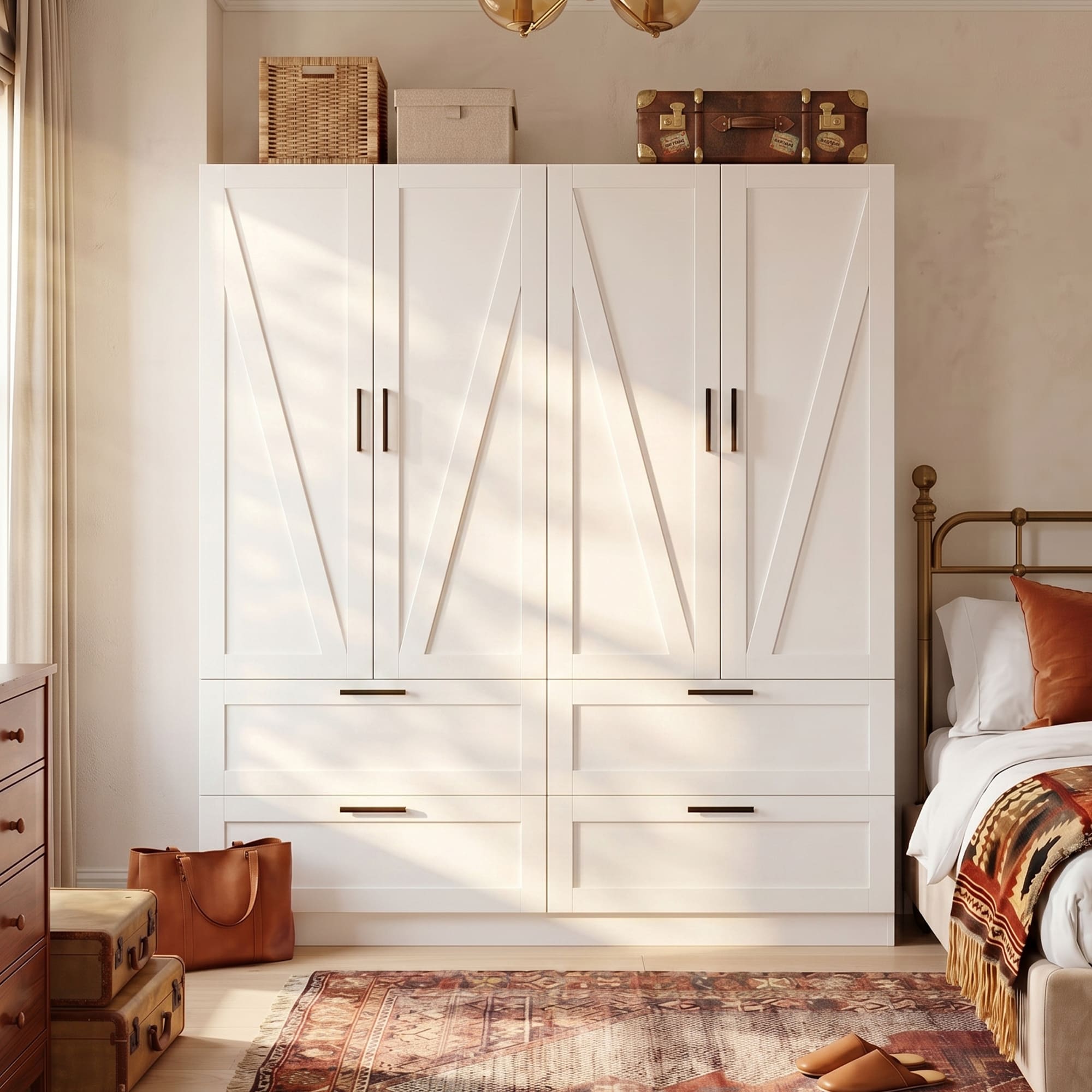 Homsee  Four Door Wardrobe with Four Drawers Geometric Slanted Door Panels Soft Close Hinges and Matte Black Handles 59.8’’W x 19.6’’D x 70.9’’H White