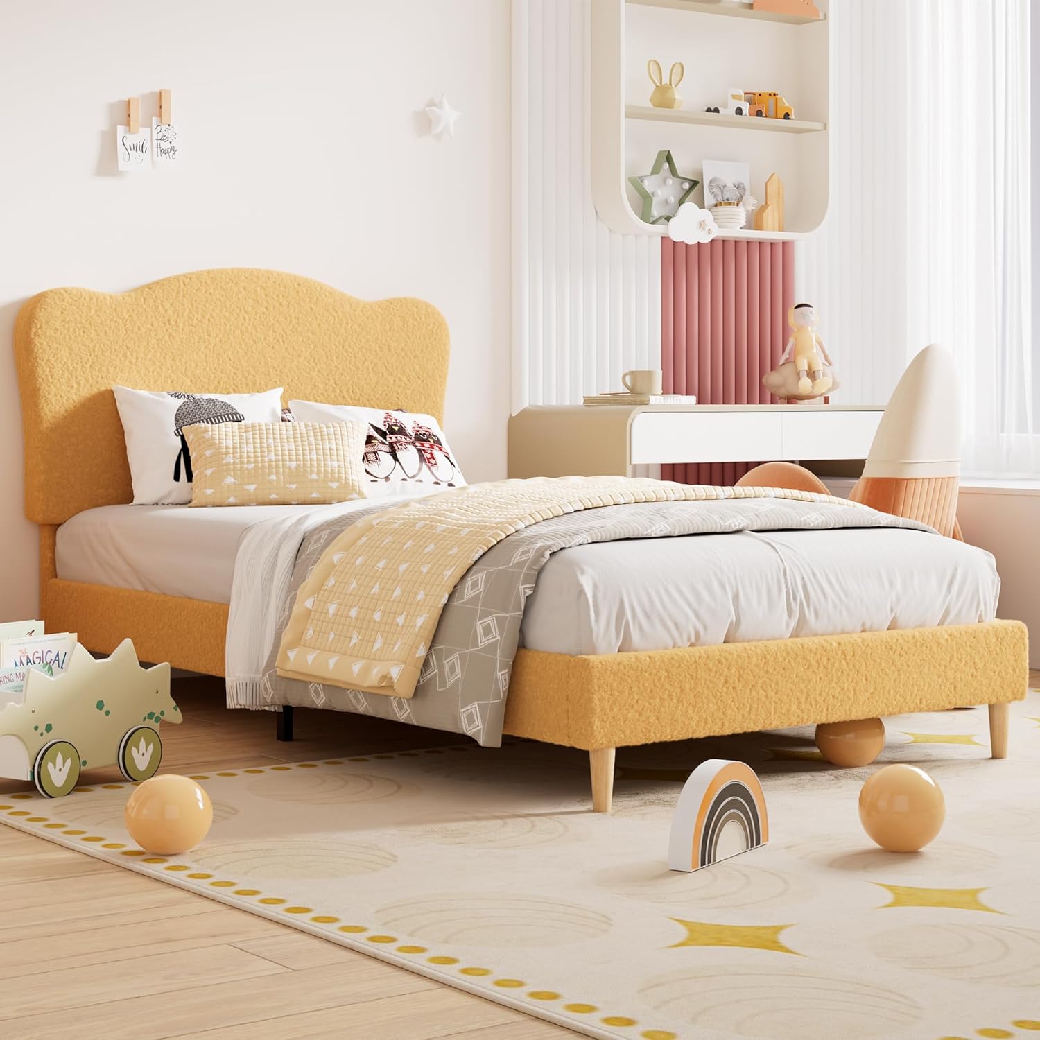 Qeetex LHF-BED-PHO-1502BTUL Twin Size Upholstered Bed Frame with Adjustable Headboard Boucle Upholstered Platform Bed for Kids Strong Wood Slats No Box Spring Needed Noise-Free Easy Assembly Yellow