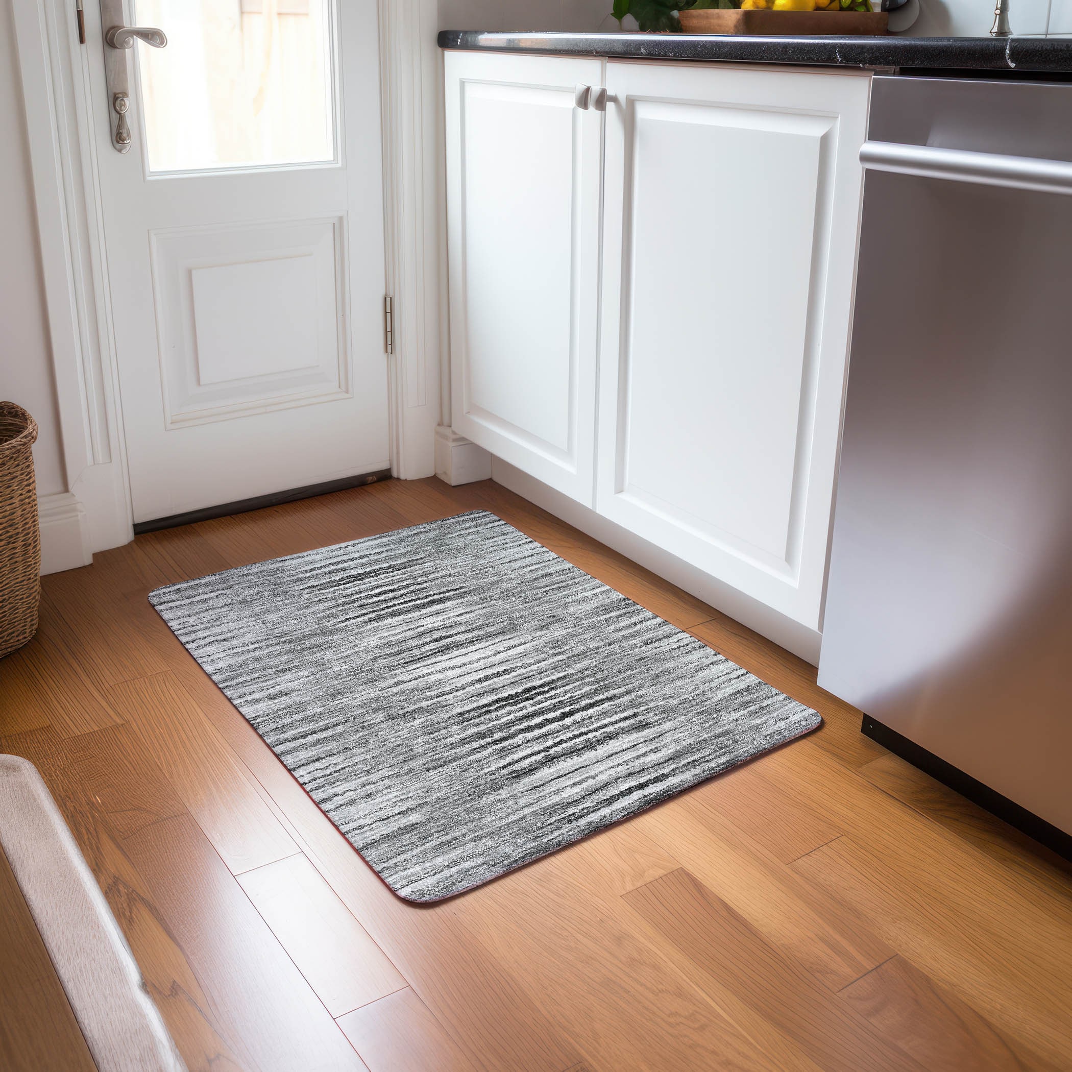 Silver Rectangular Machine Washable Synthetic Stripe Rug