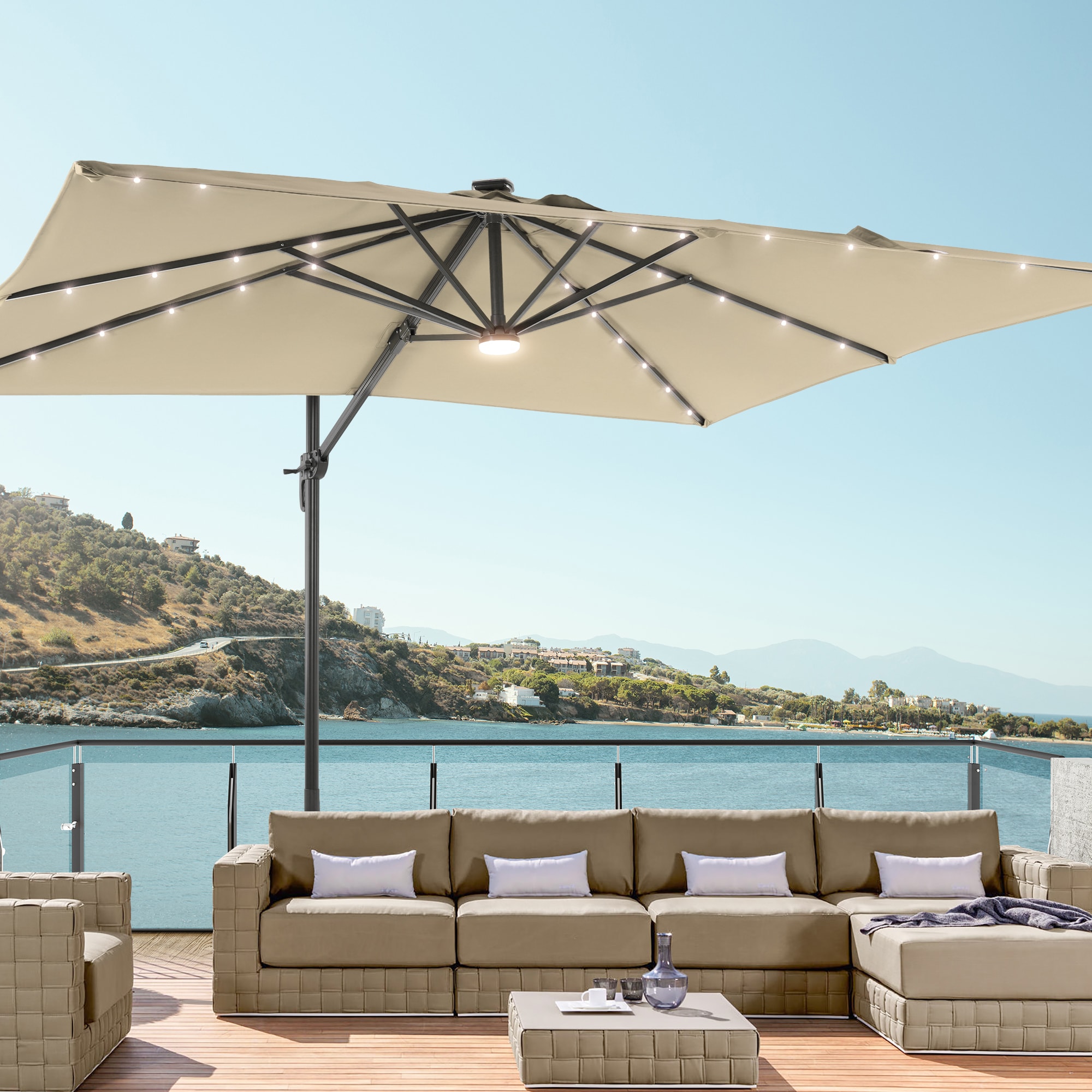 Sonkuki SD-MN108SD-LED 10-Feet Aluminum Off-white No-tilt Cantilever Patio Umbrella with Lights and