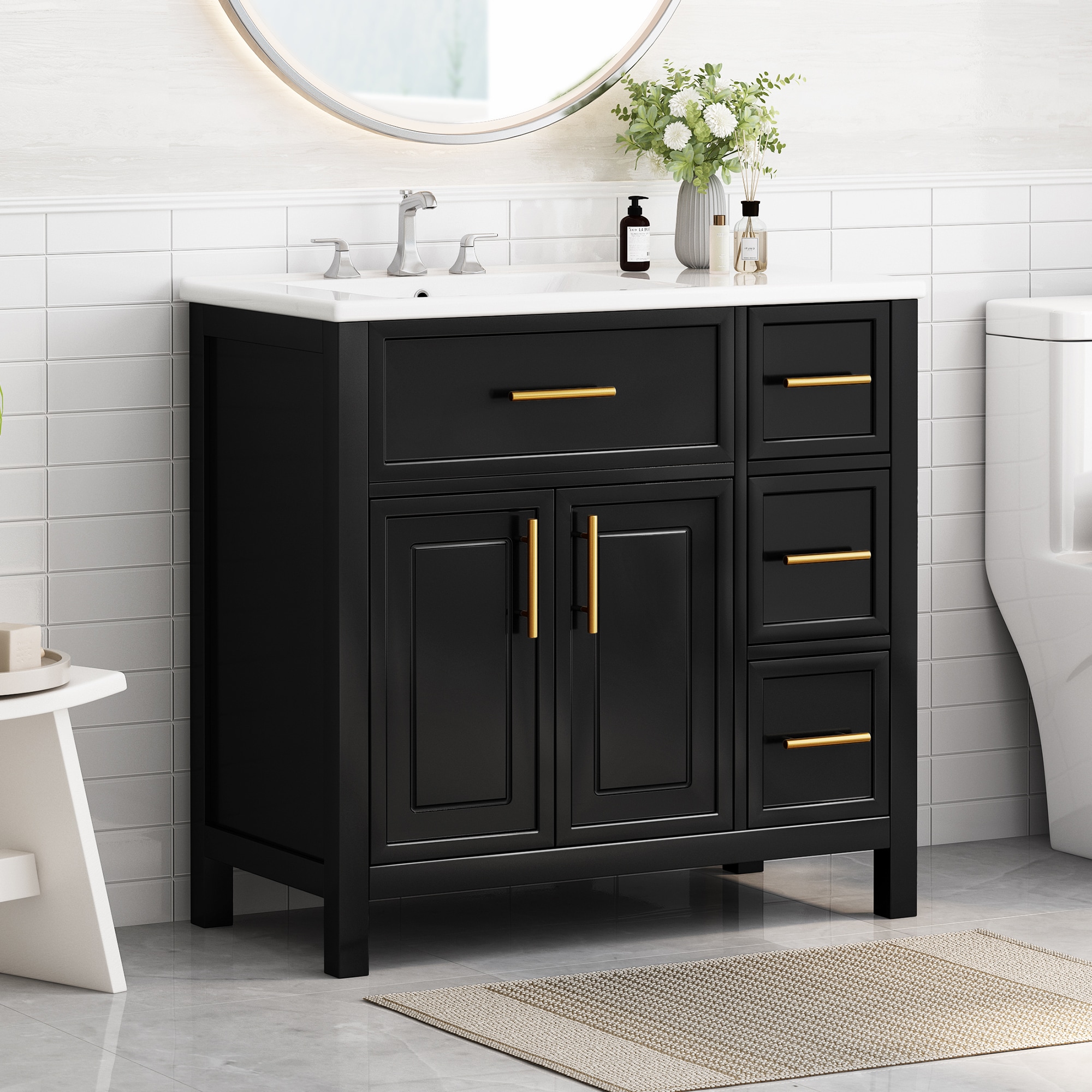 WELLFOR NIE-M5TP981 Pre-Drilled Three Holes (For 8-In Faucet) 36-in Black Undermount Single Sink Bathroom Vanity with White Ceramic Top