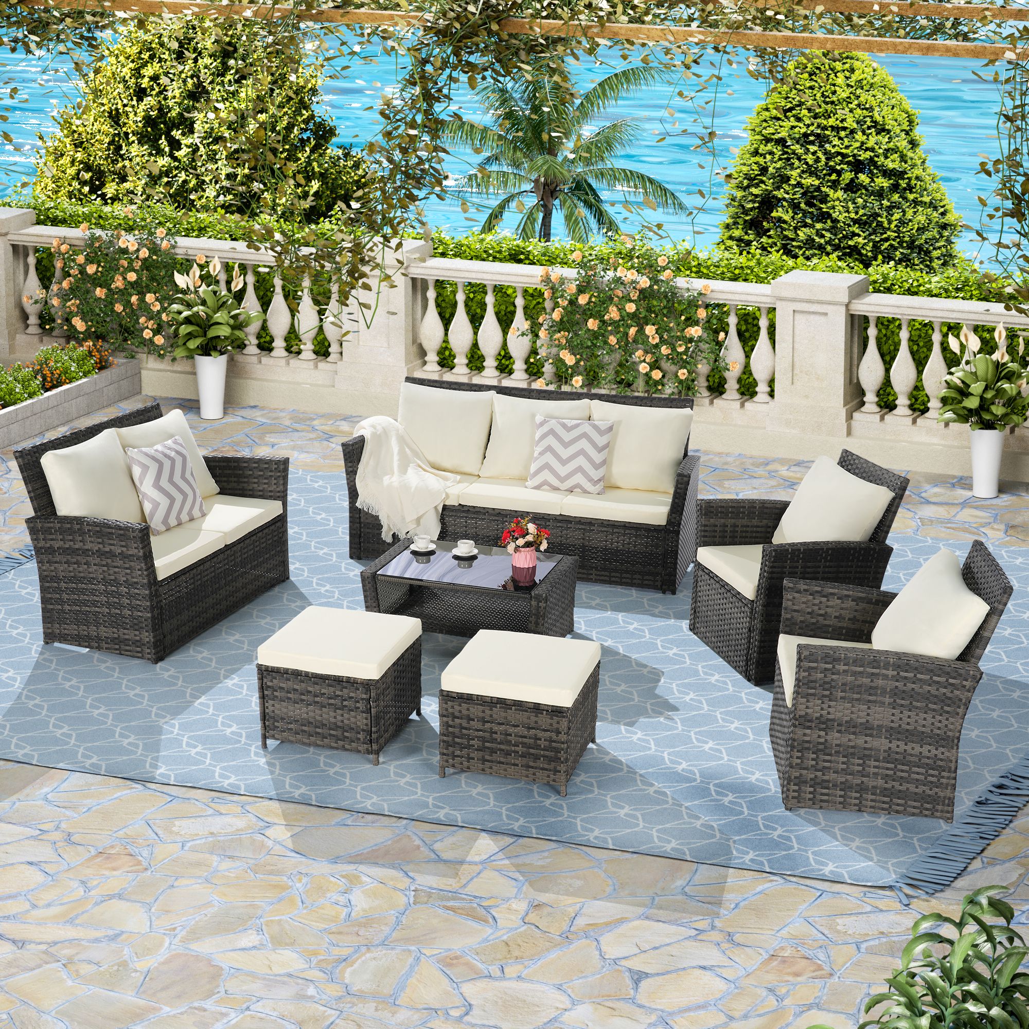 Forclover LYF-TPMAA015 Outdoor Sofa 7 -Piece Wicker Patio Conversation Set with Off-white Cushions