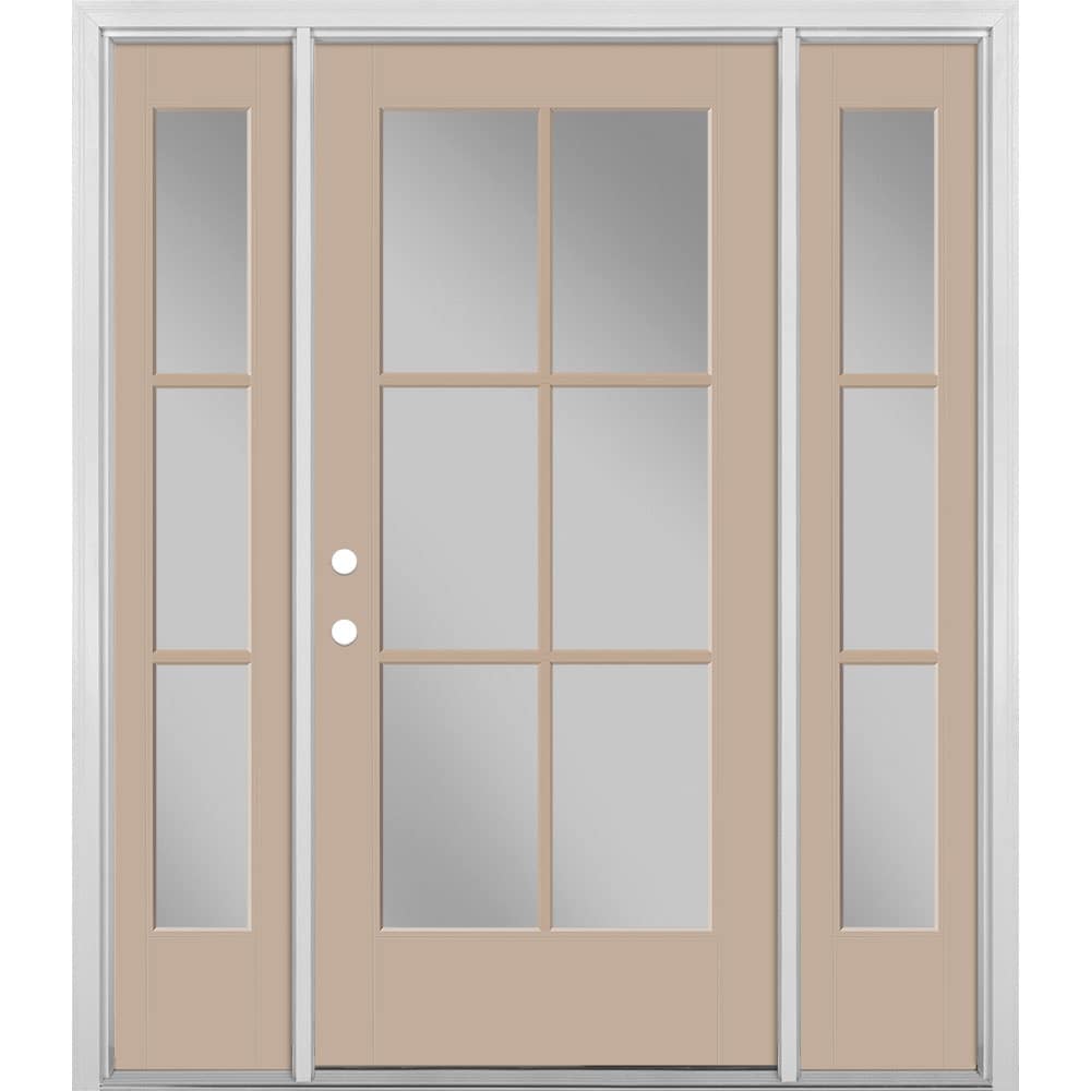 Masonite 1524296 60-in x 80-in x 4-9/16-in Fiberglass Full lite Left-hand inswing Sandy Shore Painted Prehung Single door with sidelights Front Door with Brickmould Insulating core Simulated divided light