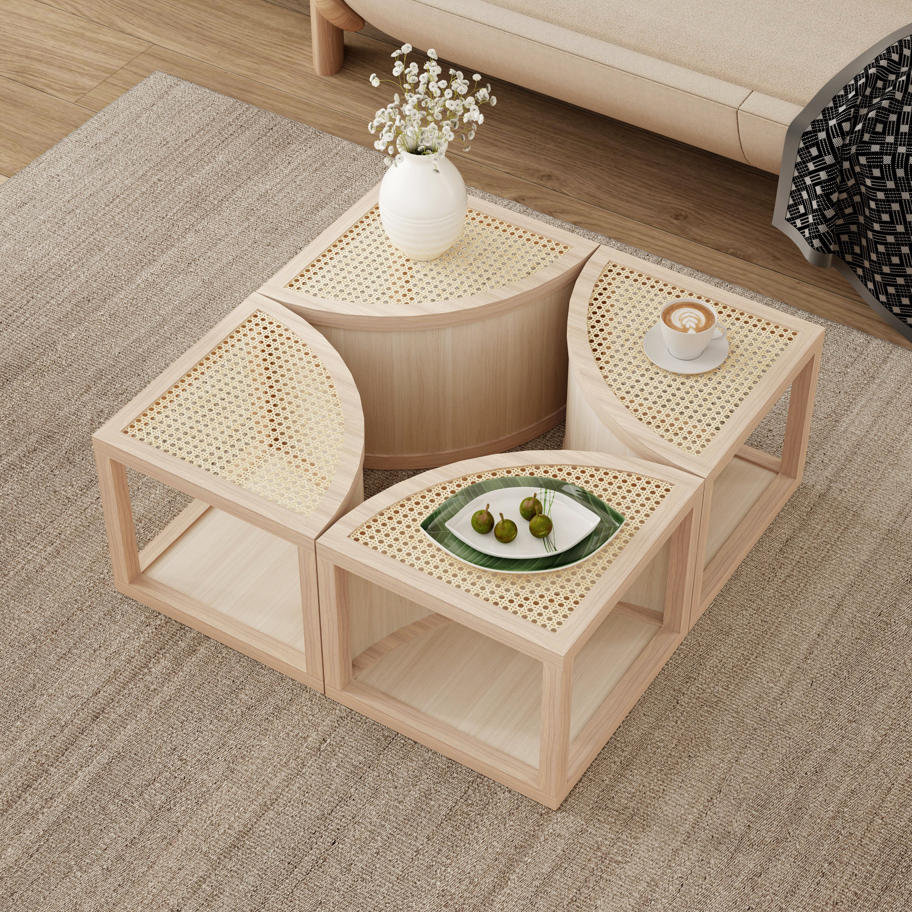 ModernLuxe L3P-N735P185130N Round to Square Block Modular Coffee Table Light Natural Rattan with Storage 4 Piece