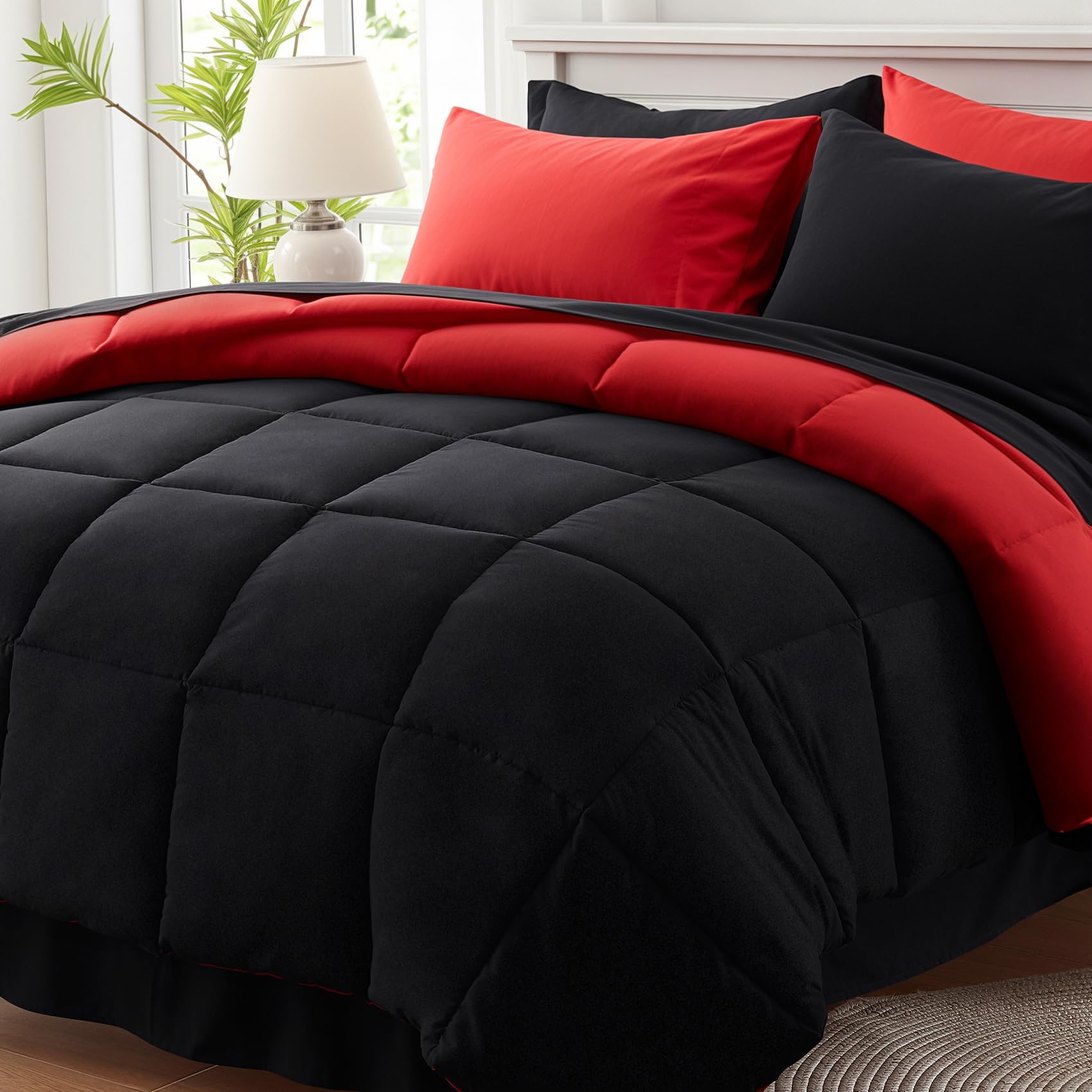 Misopily  Queen Comforter Set 7 Piece Reversible Bed in a Bag Lightweight Down Alternative Bedding with 1 Comforter 88x88 Inch 2 Shams 2 Pillowcases 1 Flat Sheet 1 Fitted Sheet Red Black