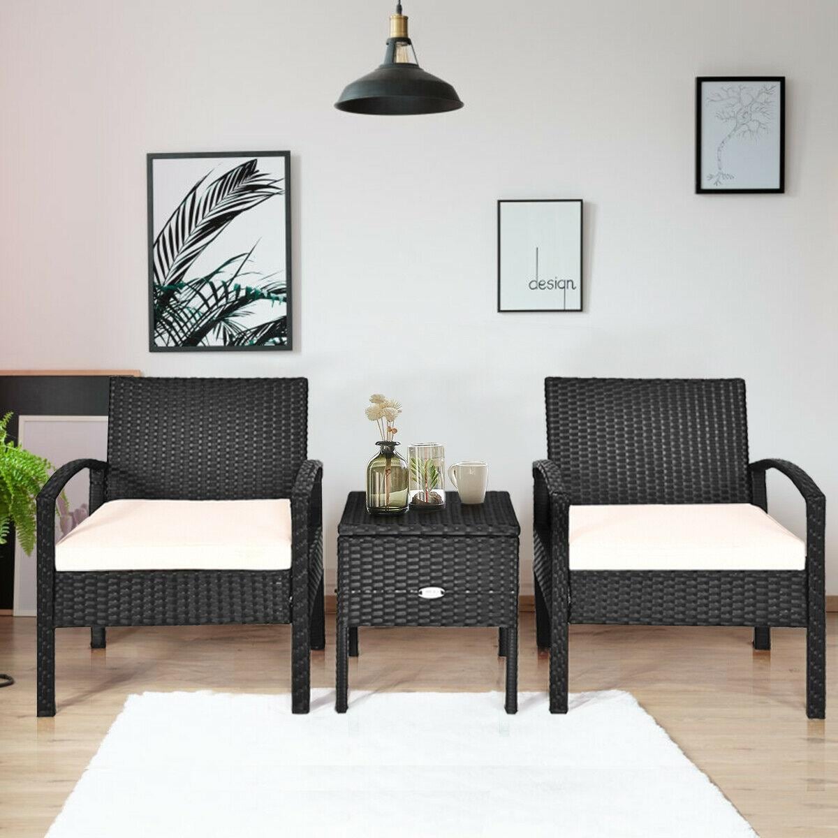 BABOOM BOM-3757WH-CO 3 -Piece Rattan Patio Conversation Set with White Cushions
