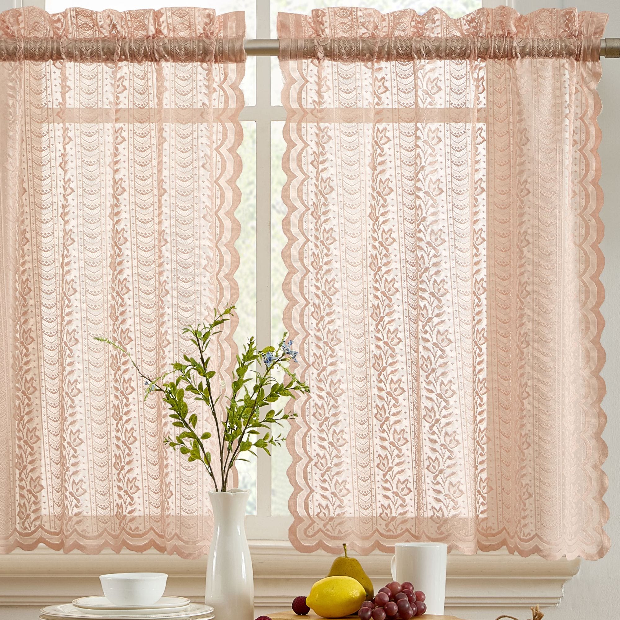 HLC.me SPHA-36-BLSH Sophia Floral Rod Pocket Lace Sheer Short Cafe Tiers Small Windows - Set of 2