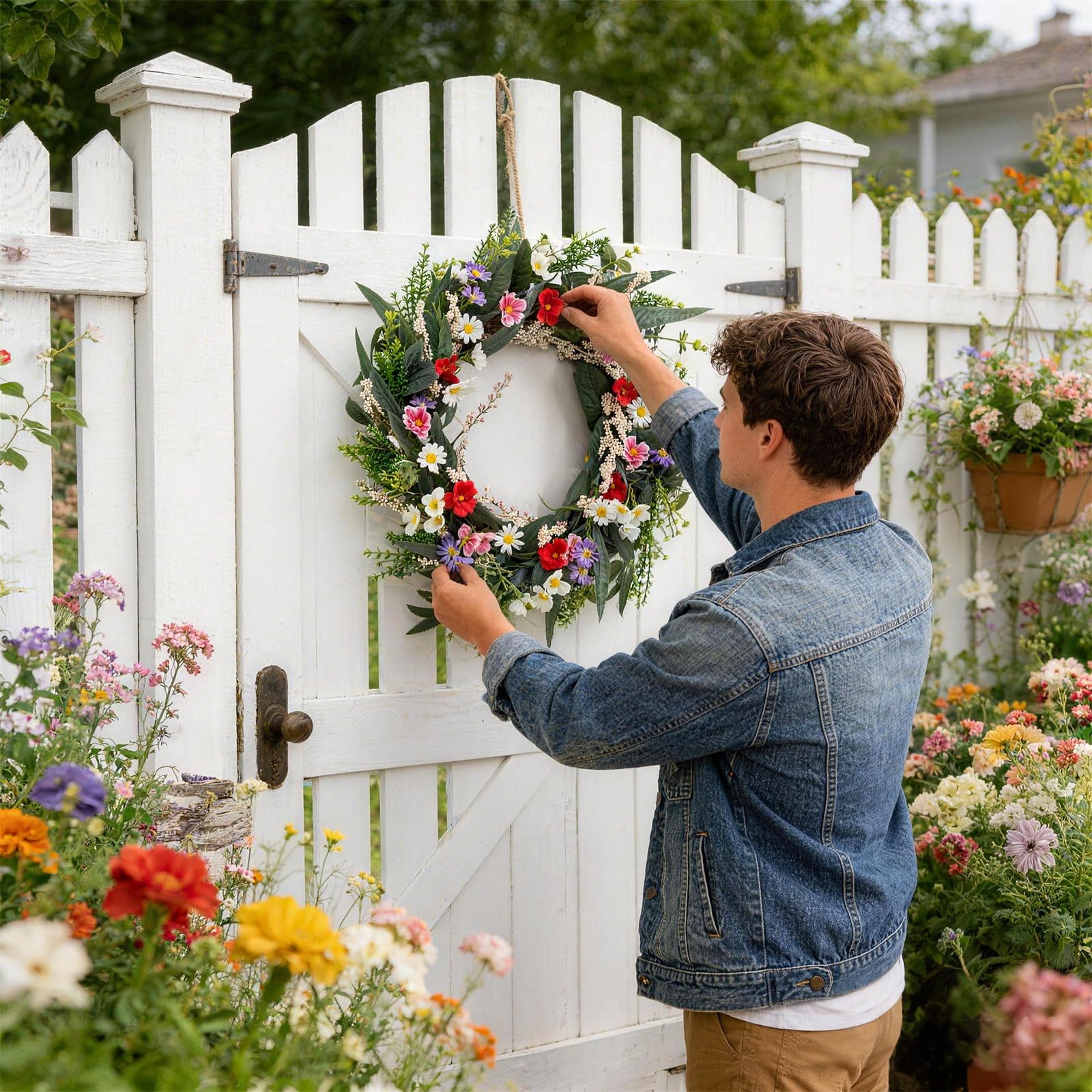 IdealHouse 20 Inch Spring Summer Wildflower Wreath/ Artificial Floral Wreath with Daisy and Eucalyptus/ Colorful Front Door Wreath for Farmhouse Wall Window and Wedding Decoration