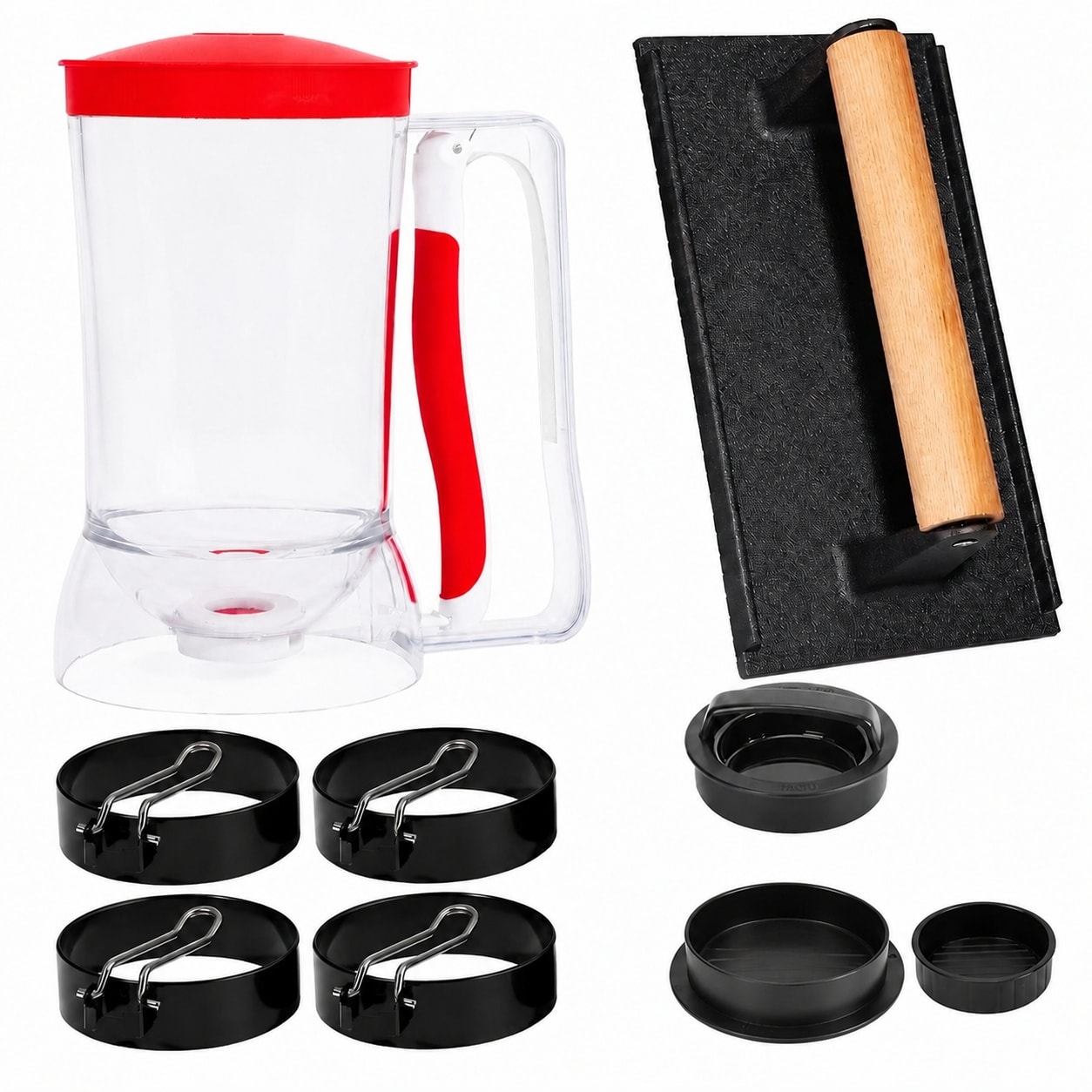 Etokfoks  7 Piece Nonstick Griddle Accessories Set with Pancake Batter Dispenser Bacon Press Egg Rings Burger Press