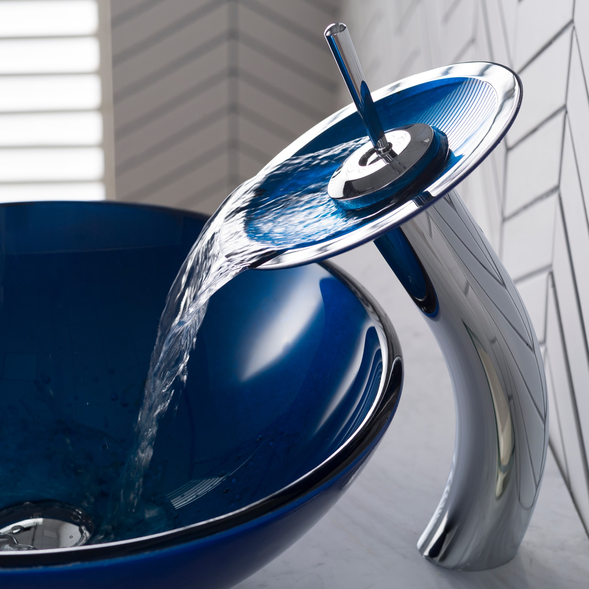 Blue Glass Circular Vessel Sink with Chrome Faucet