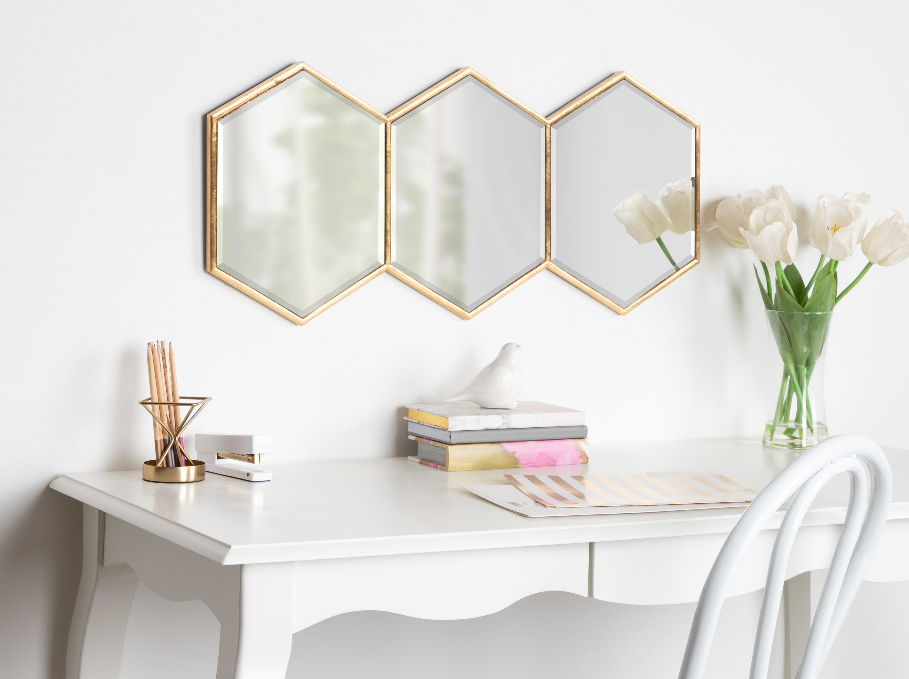 Gold Hexagon Trio Wall Mount Accent Mirror with Beveled Glass