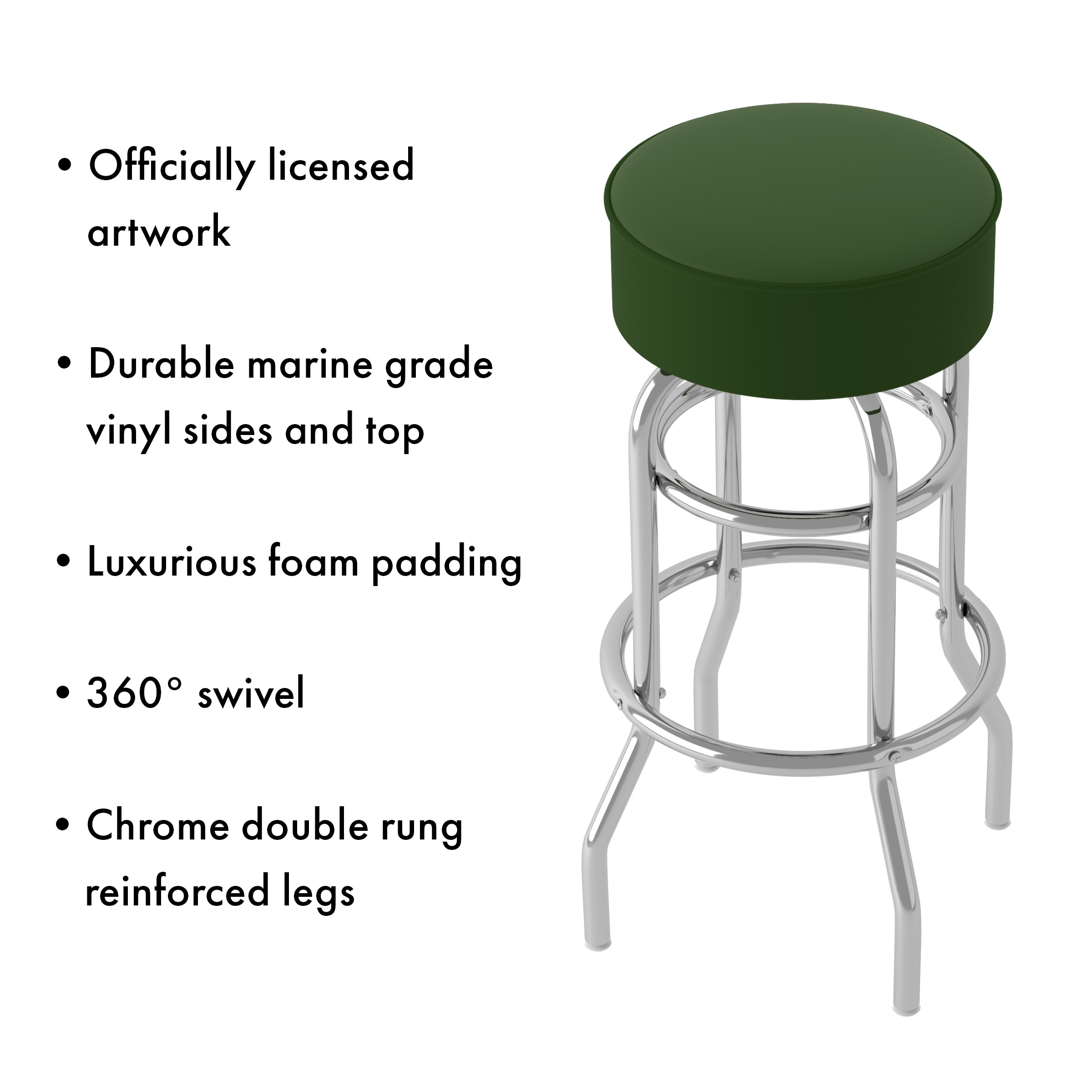 Modern Swivel Black Metal Bar Stool with Green Vinyl Cushion