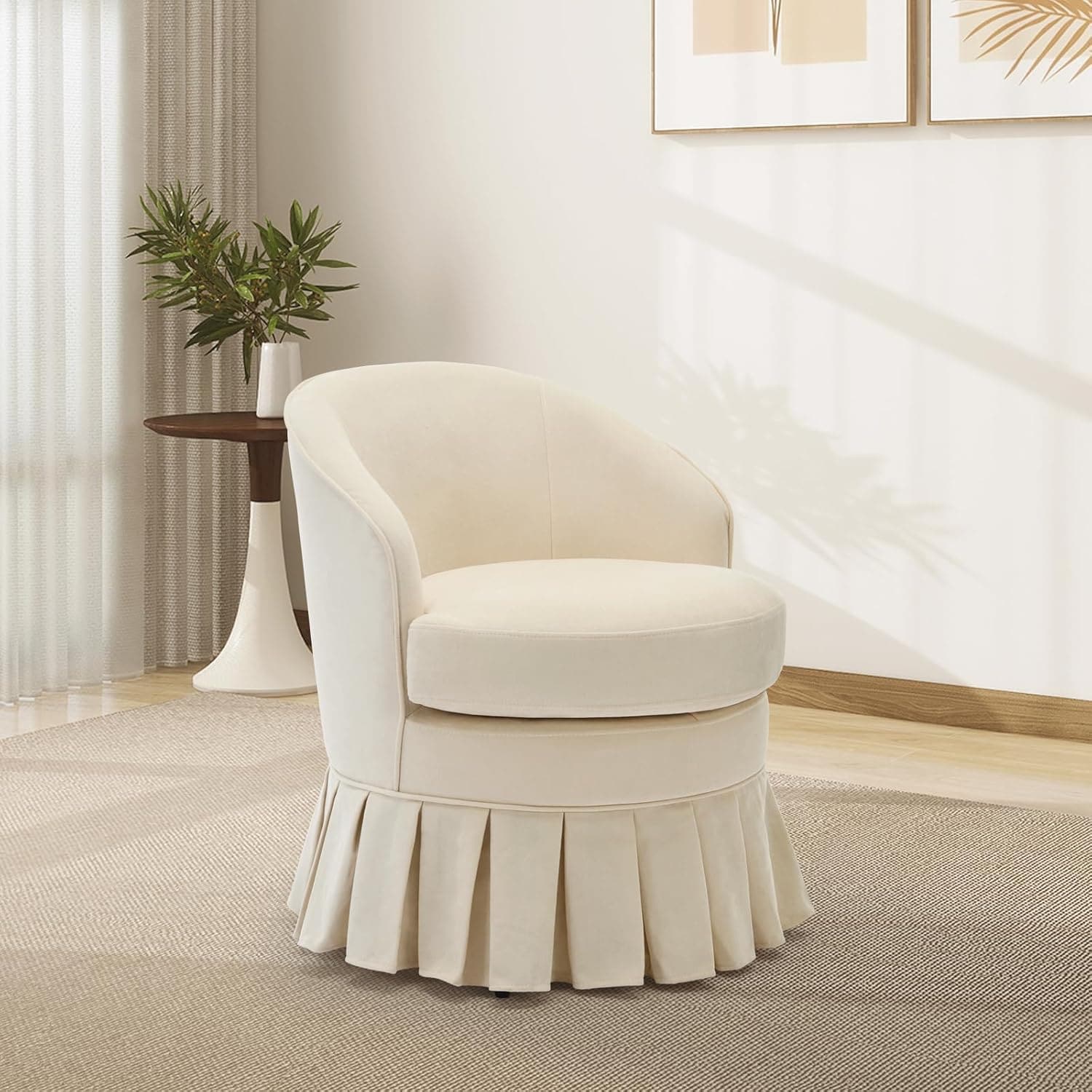Qeetex PHK-33KE5RNR-HNN Off-white Wood Dining Chair with Upholstered Cushion and Barrel Back Design Compact Armchair for Living Room
