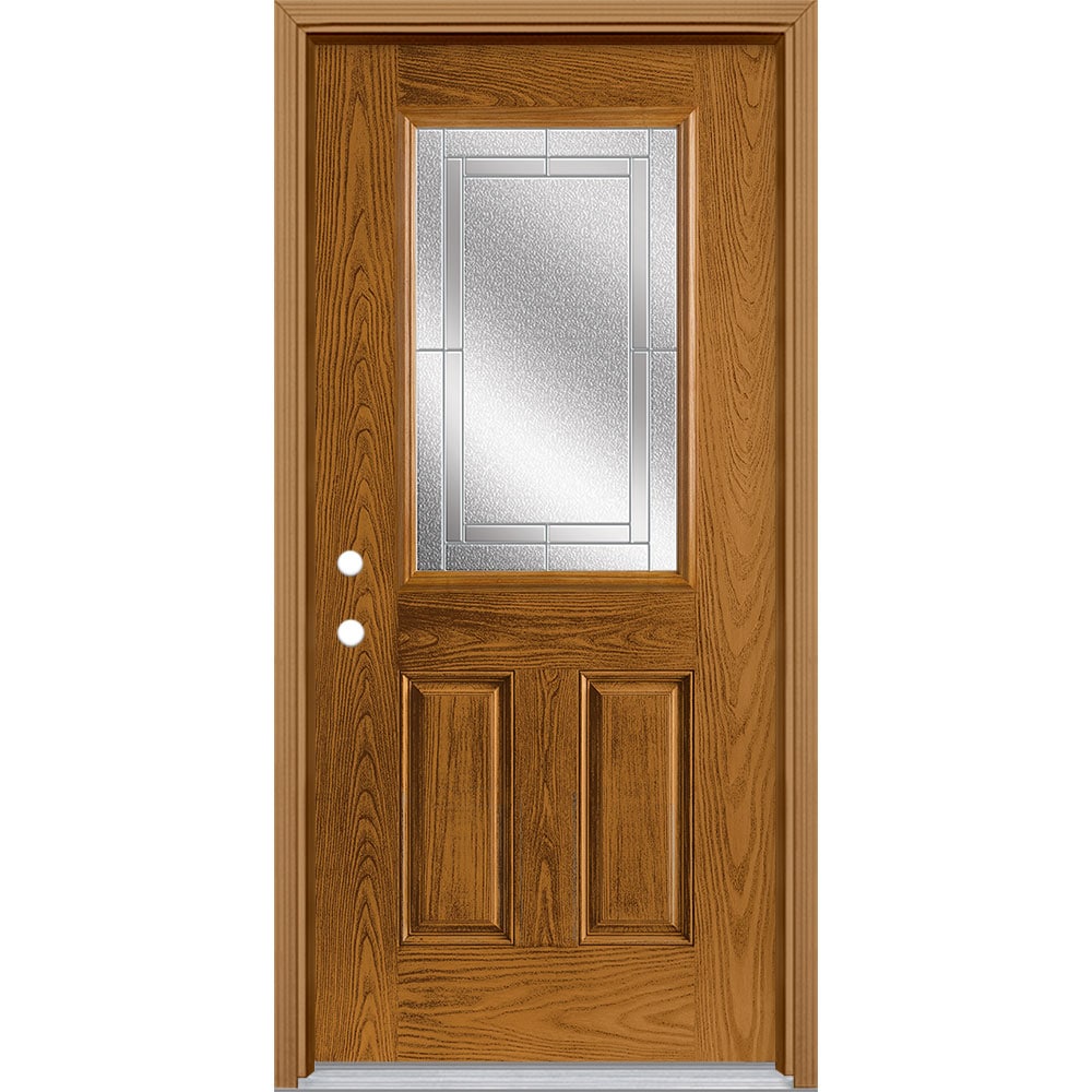 Masonite 3419728 Focus 36-in x 80-in x 4-9/16-in Fiberglass Half lite Right-hand inswing Oakcrest Stained Prehung Front Door with Brickmould Insulating core