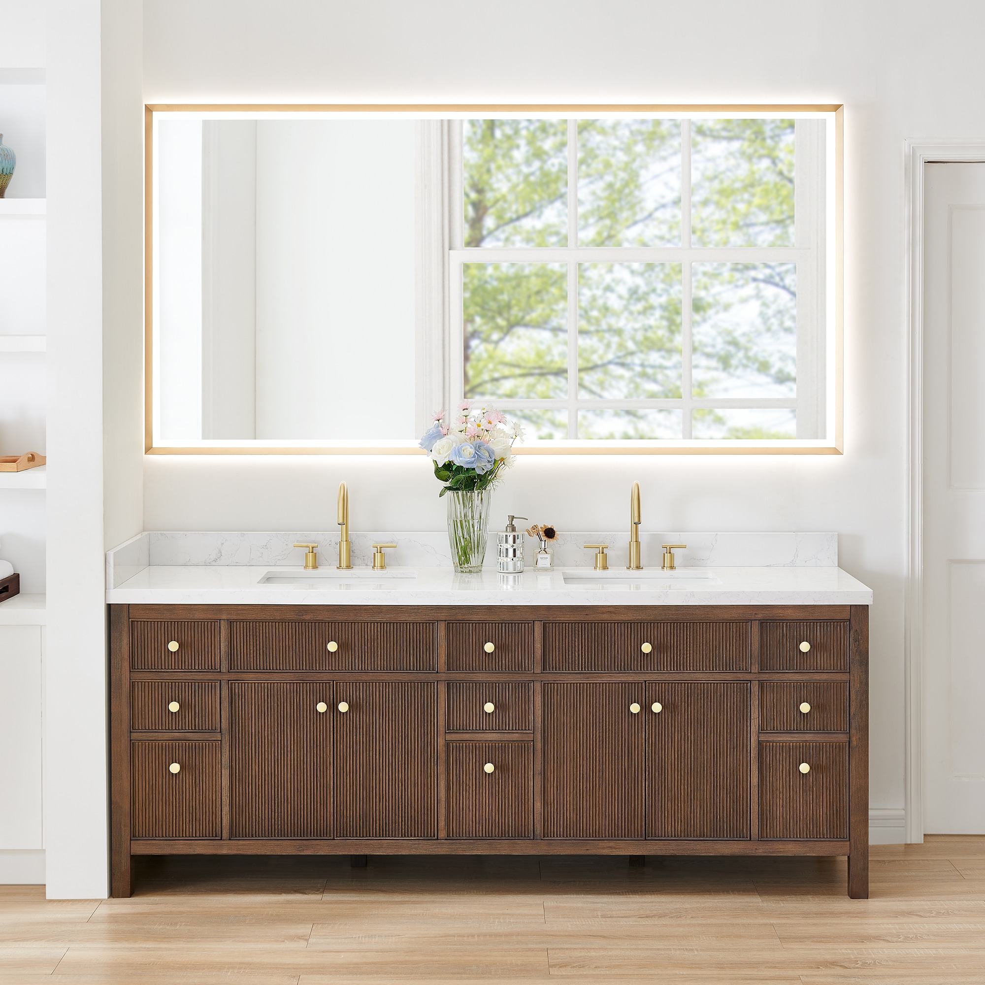 Altair 567084-BK-GW Cerrito 84-in Brown Brushed Oak Undermount Double Sink Bathroom Vanity with Grain White Engineered Stone Top (Mirror Included)