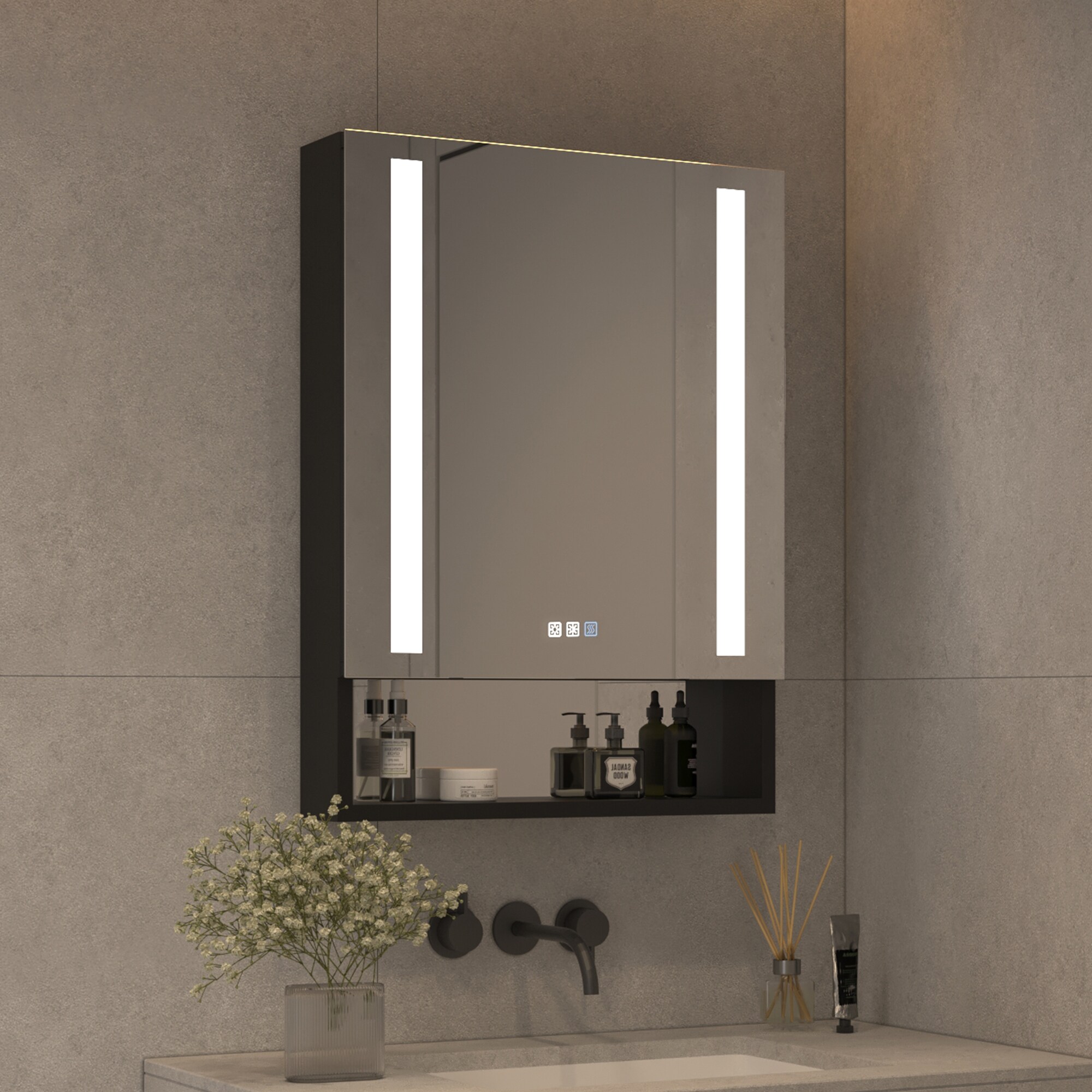 Forclover J3EX2432VRX 24-Inches x 32-Inches Lighted LED Fog Free Surface/Recessed Mount Black Mirrored Rectangle Soft Close Medicine Cabinet with Outlet