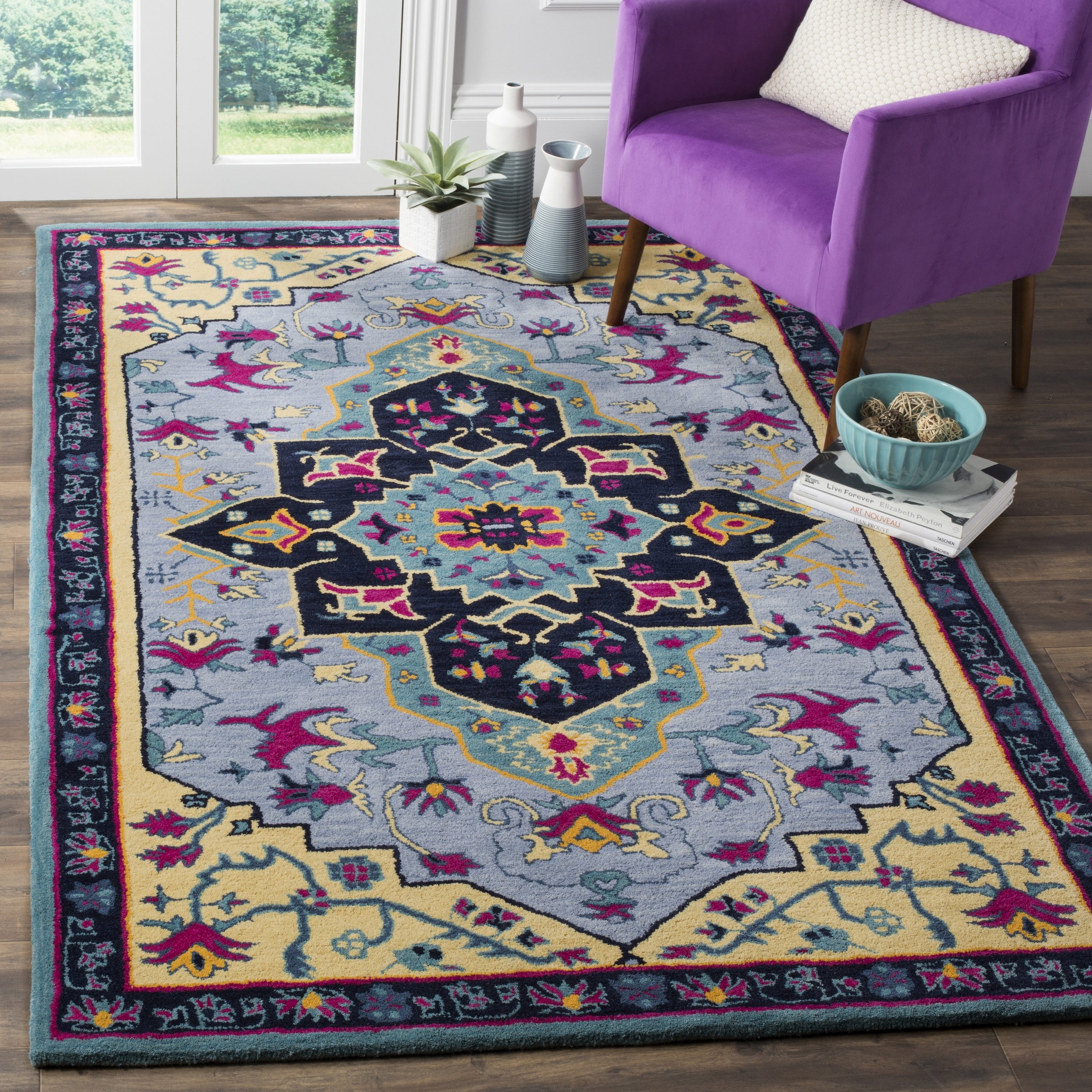 Handmade Light Blue and Multi Wool Rectangular Area Rug, 5'x8'