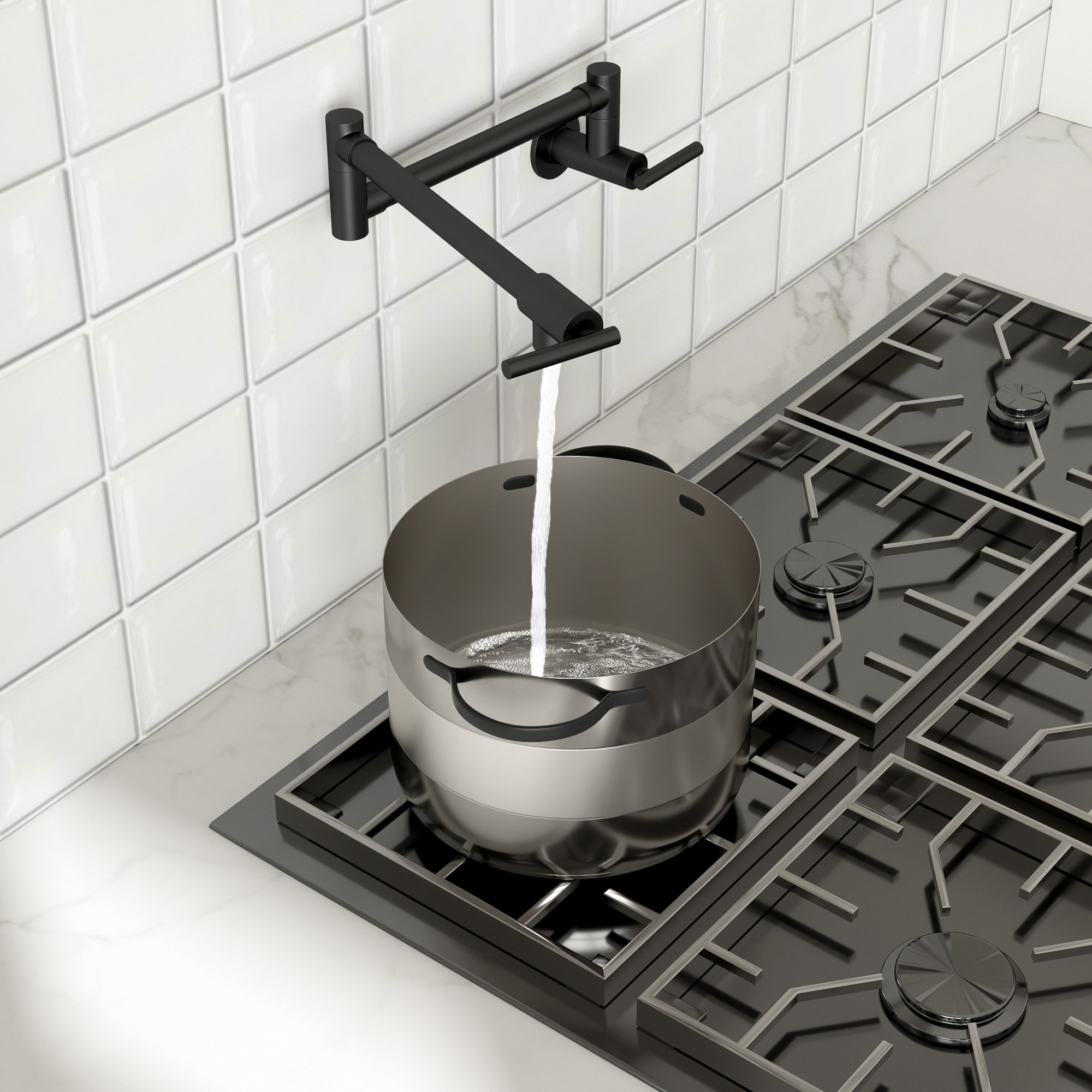 Lordear 26-in Matte Black Solid Brass Wall Mount Folding 360 Degree Swivel Arm 2-Handle Pot Filler Kitchen Stove Faucet