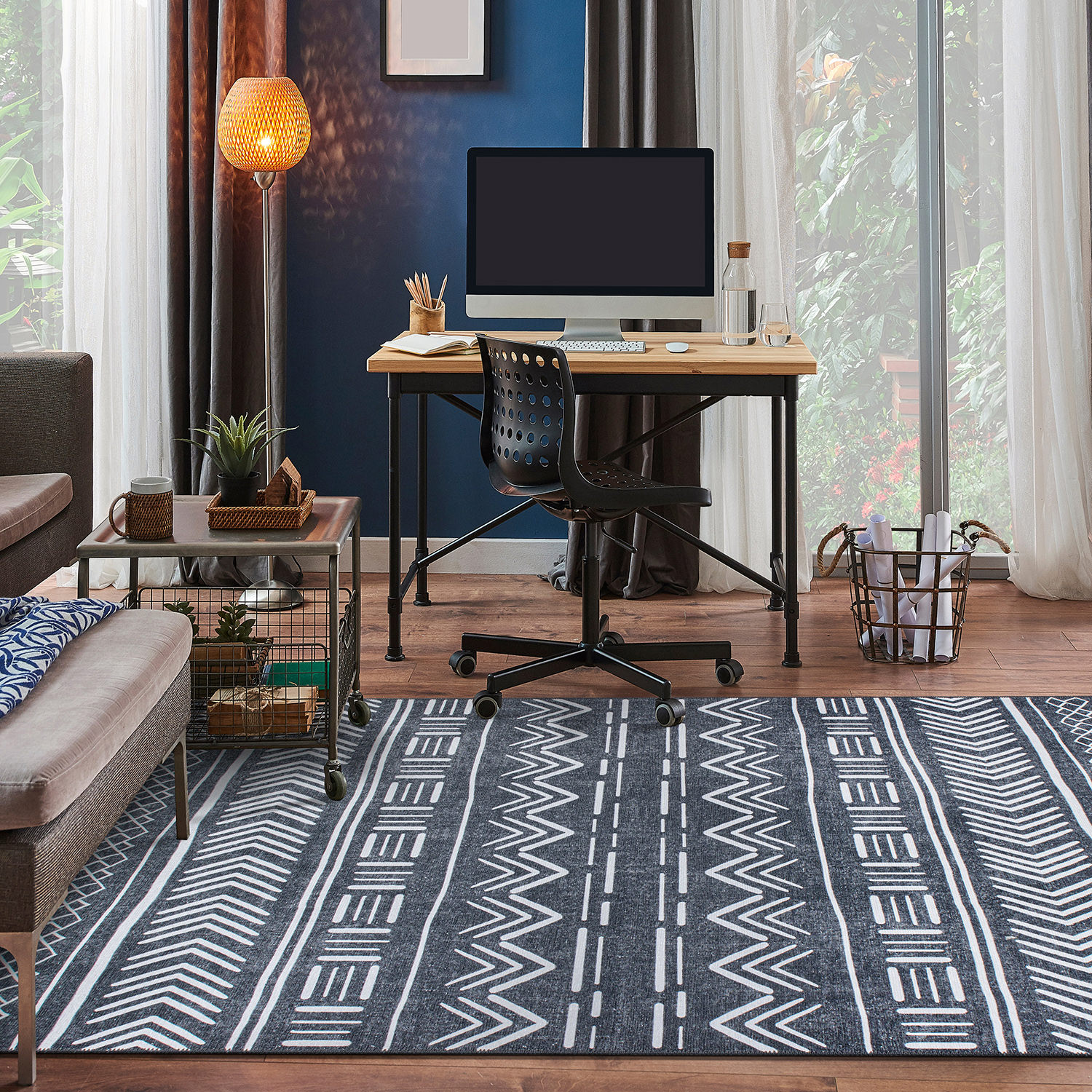 Dark Gray Geometric Flat Woven Machine Washable Area Rug