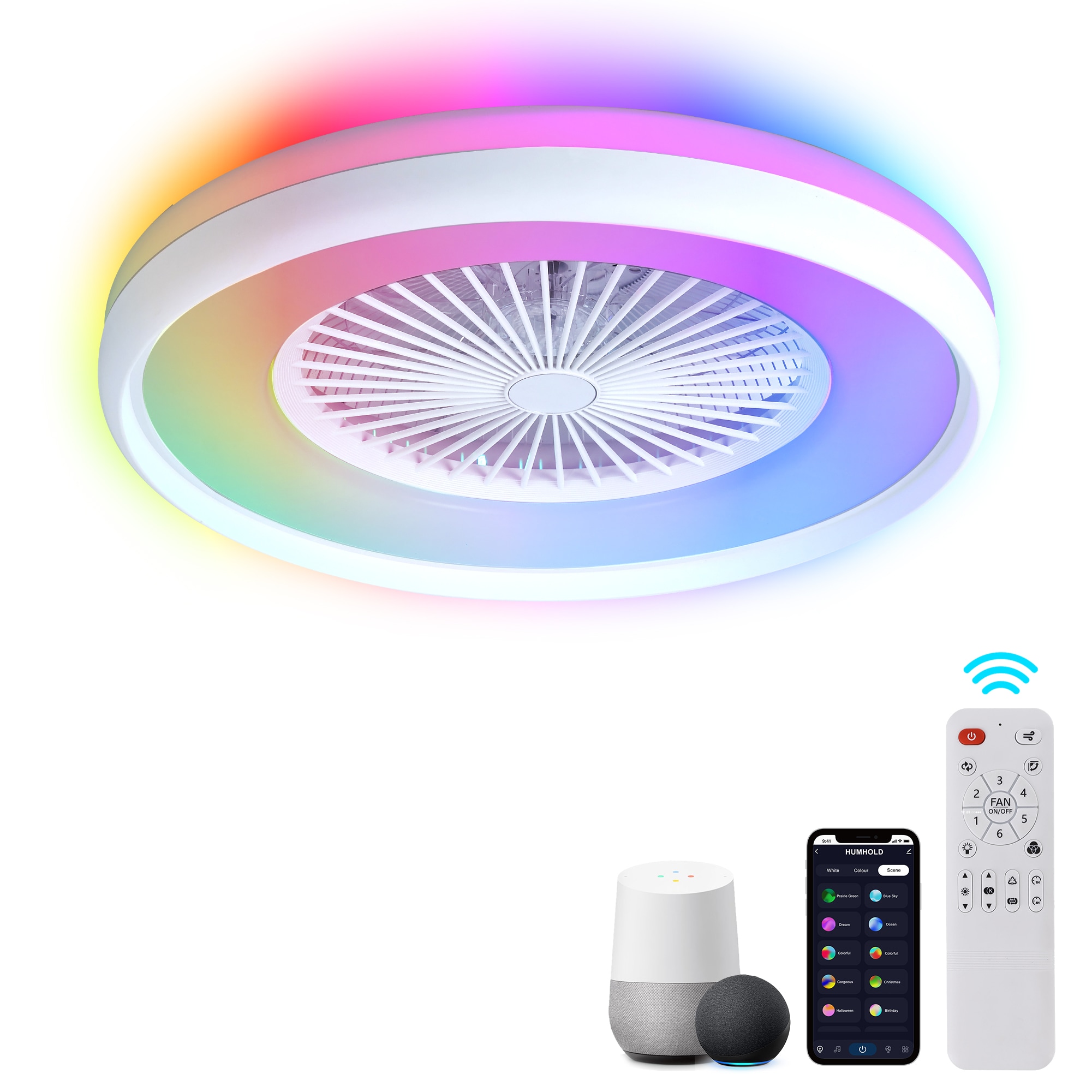Humhold 24 inch Bladeless with RGB Light Remote Smart LED with Voice App Control Modern Low Profile Dimmable Light Ceiling Fan for Bedroom Living Room White