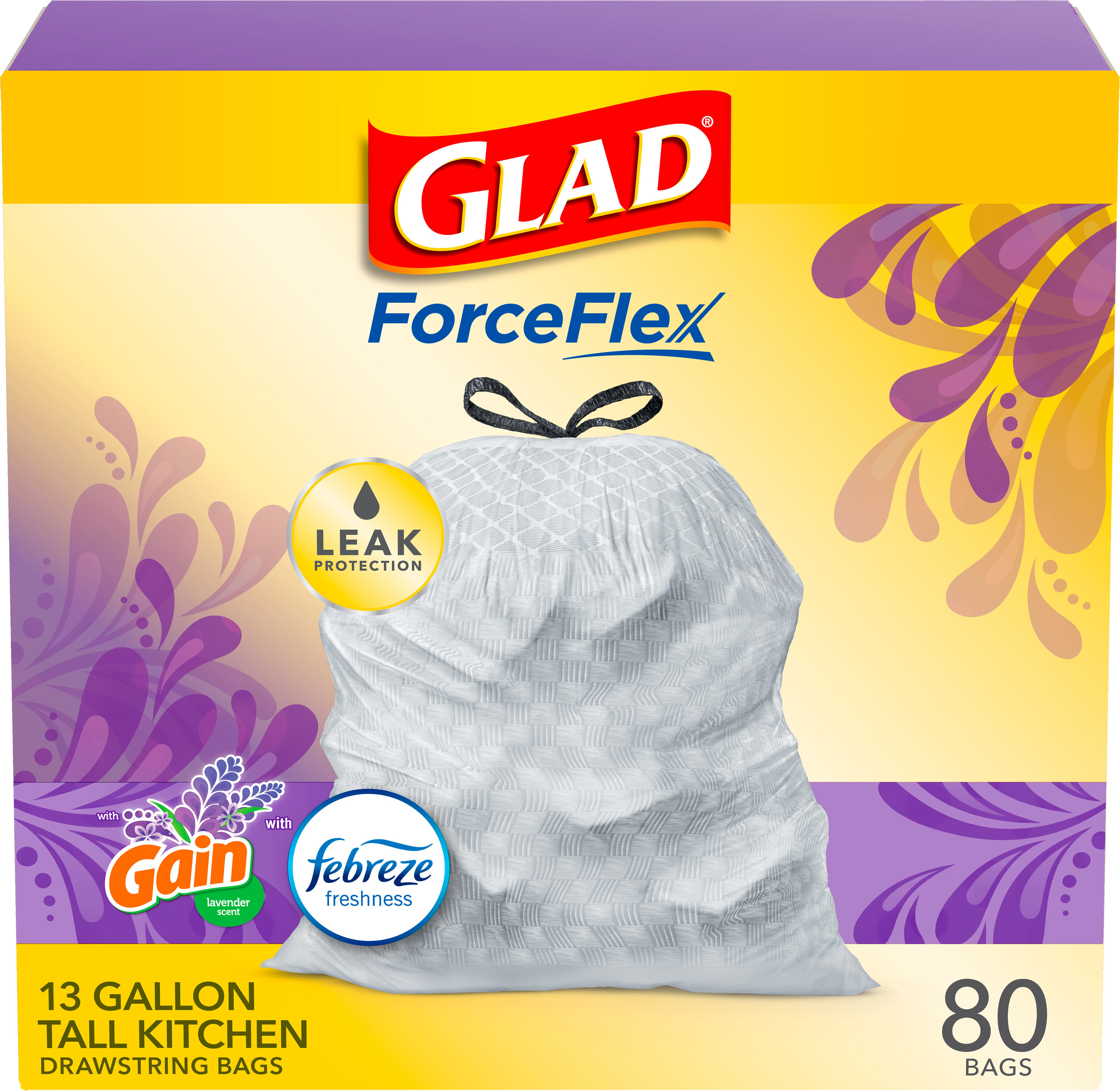 Glad ForceFlex 13-Gallons Gain Lavender White Plastic Kitchen Drawstring Trash  Bag (80-Count) in the Trash Bags department at