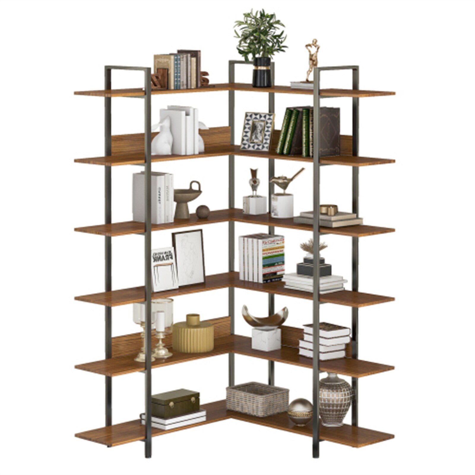 BESTCOSTY WF299LJW101AATZYYRL Brown Metal 6 -Shelf Corner Bookcase ( 43.3-in W x 74.8-in H x 43.3-in D ) Unfinished