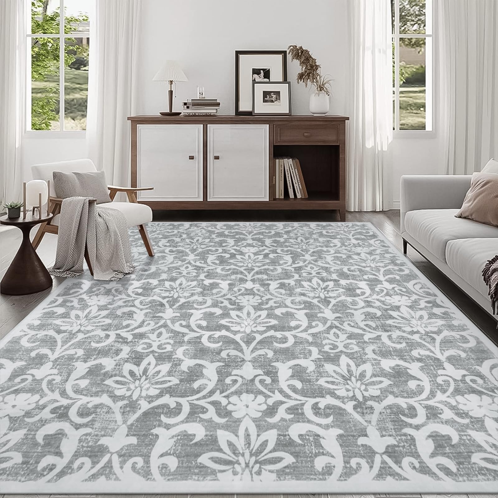 Lahome RR-DYR-012-LGR5 8 x 10 (ft) Light Gray Palace Floral Short Pile Velvet Rectangular Indoor Area Rug