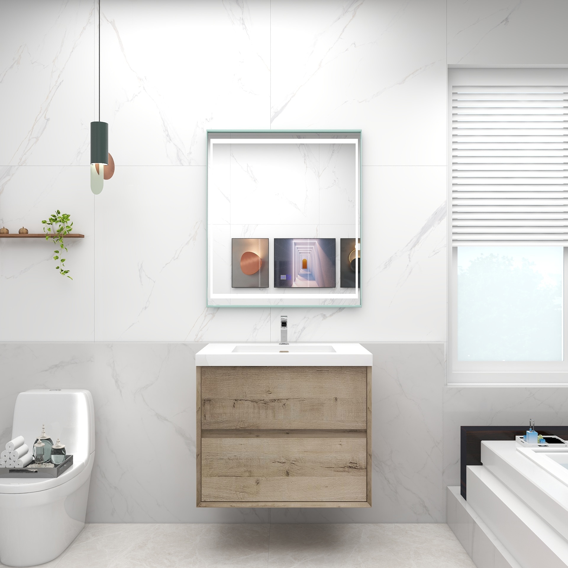 BV Better Vanity SLIM30-WO Kingdee 30-in Light Oak Single Sink Floating Bathroom Vanity with White Acrylic Top
