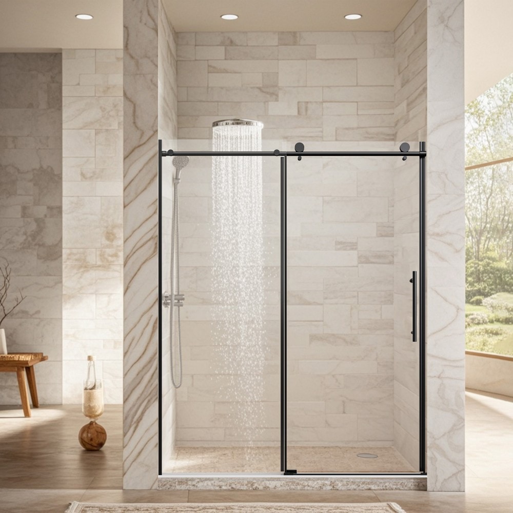 Basdien 56-60 in W 76 in H Matte Black Frameless Single Sliding Shower Door 1/4 in SGCC Tempered Glass Soft Close Reversible Adjustable 56 to 60 in Width Stainless Steel Frame Anti Collision Waterproof Strips Handle Quick Install Bathroom Modern