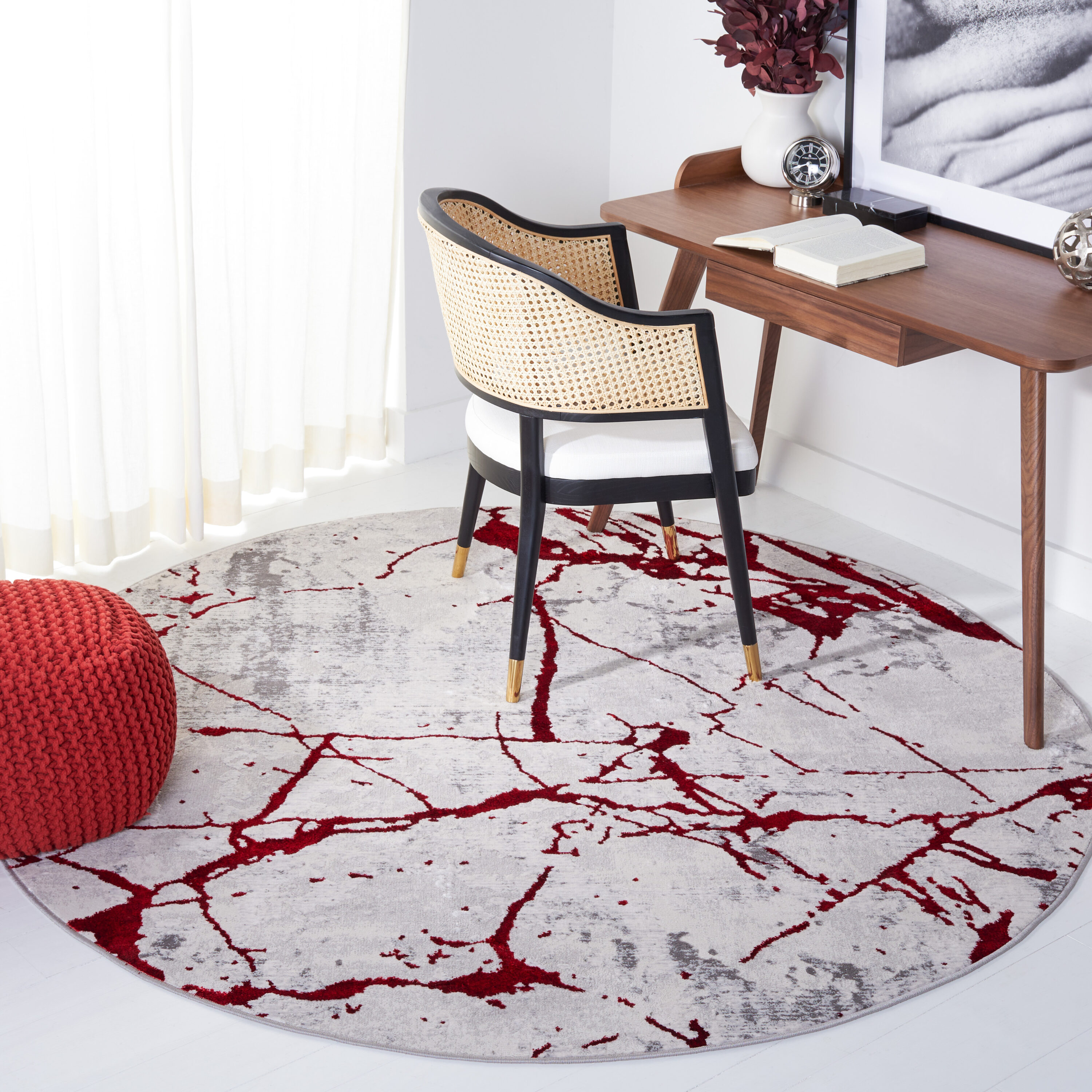 Amelia 293L Grey/Red 6ft-7in x 6ft-7in Round Rug
