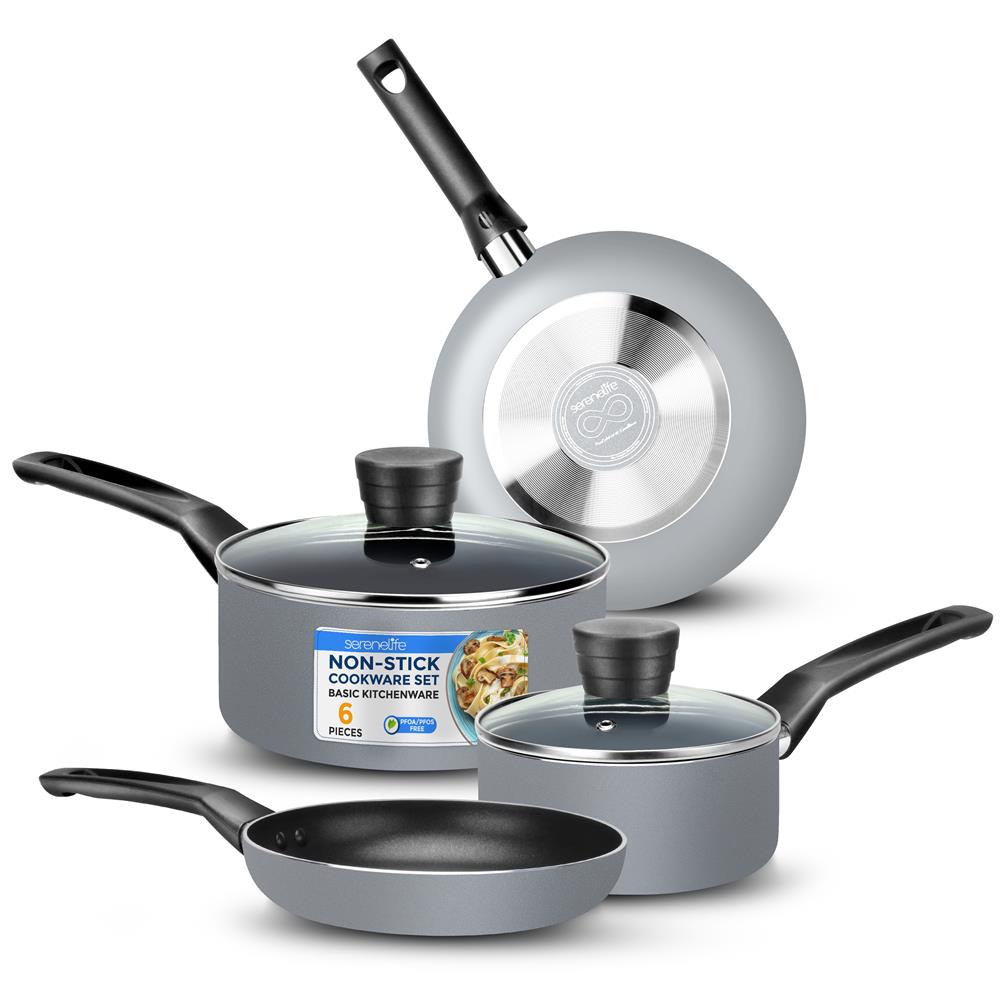 SereneLife  6Piece Pots and Pans Set Nonstick Cookware Black Coating HeatResistant Dishwasher safe Includes Fry Pans Saucepans with Lids Color Gray