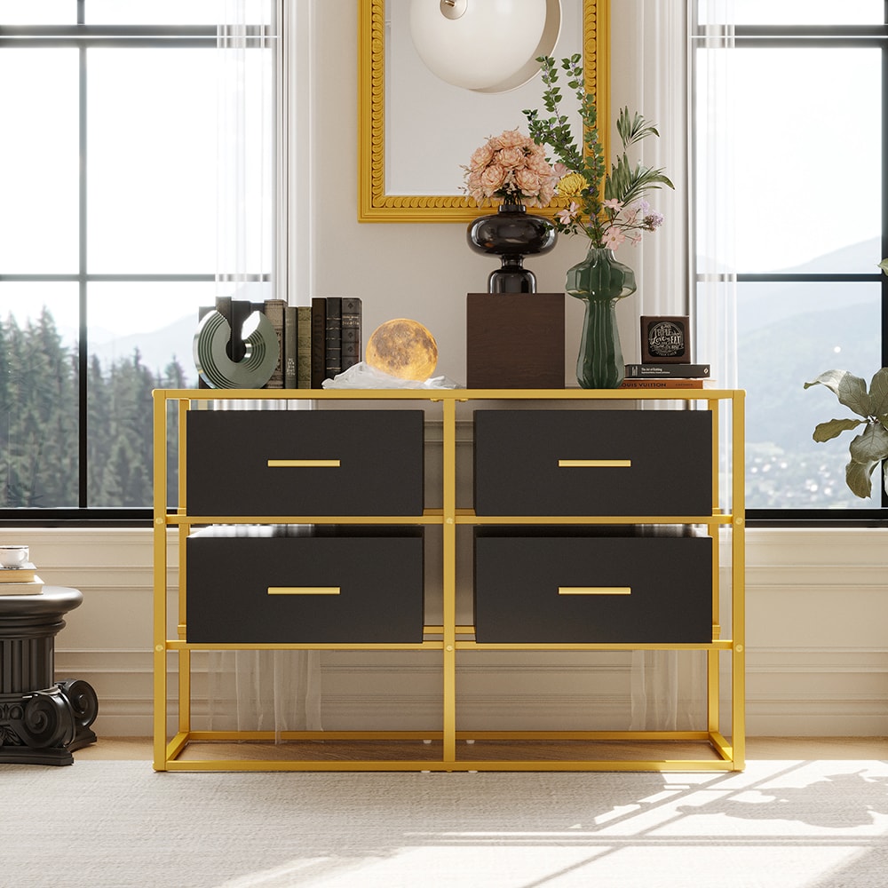 Homsee V-KF520033-01 Modern 4 Drawer Dresser with Tempered Glass Top and Metal Leg Compact Storage Cabinet for Bedroom Living Room or Office 39.4''L x 13.8''W x 25.6''H Black and Gold
