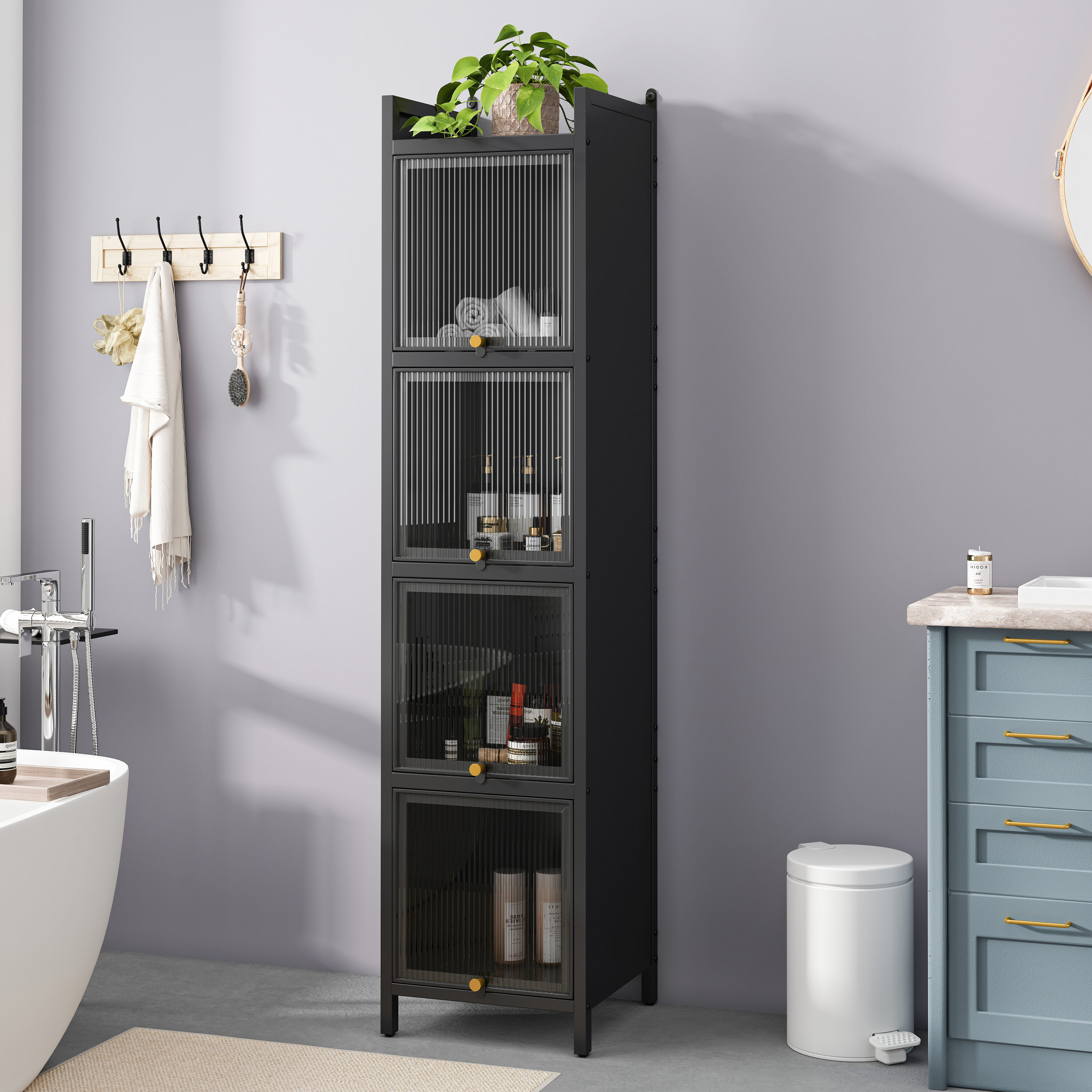 Hrinhom BA03-BLACK 13.8-in x 60.6-in x 14.2-in Black Metal and glass Freestanding Linen Cabinet