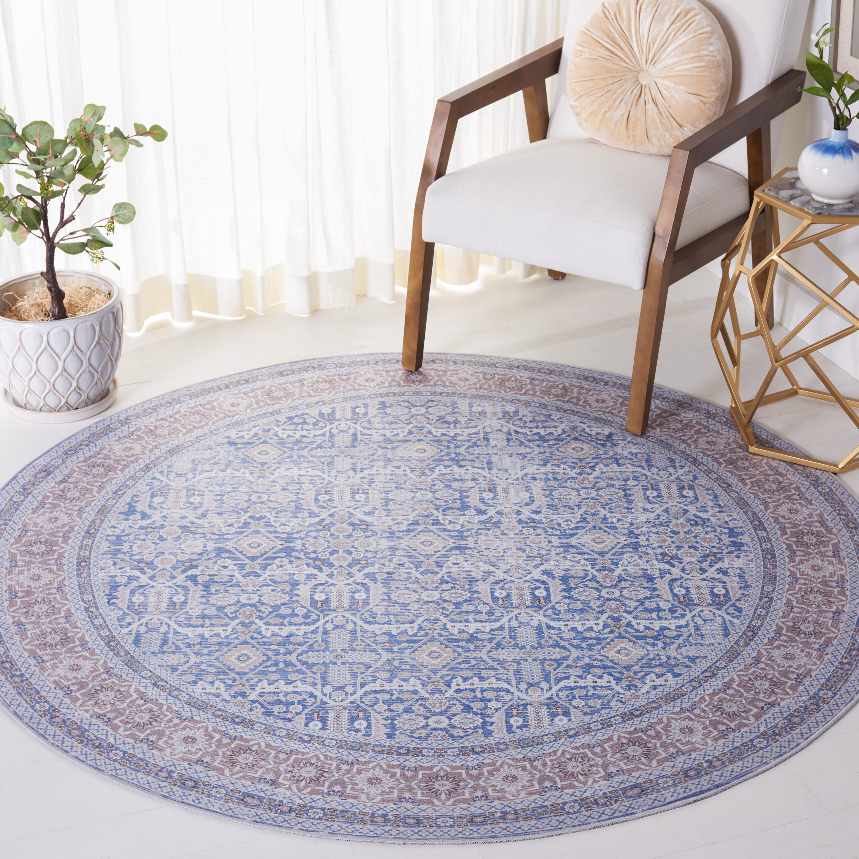 Safavieh TSN186M-6R Tucson 6 x 6 (ft) Loomed Polyester Blue/Rust Round Indoor Border Machine washable Area rug