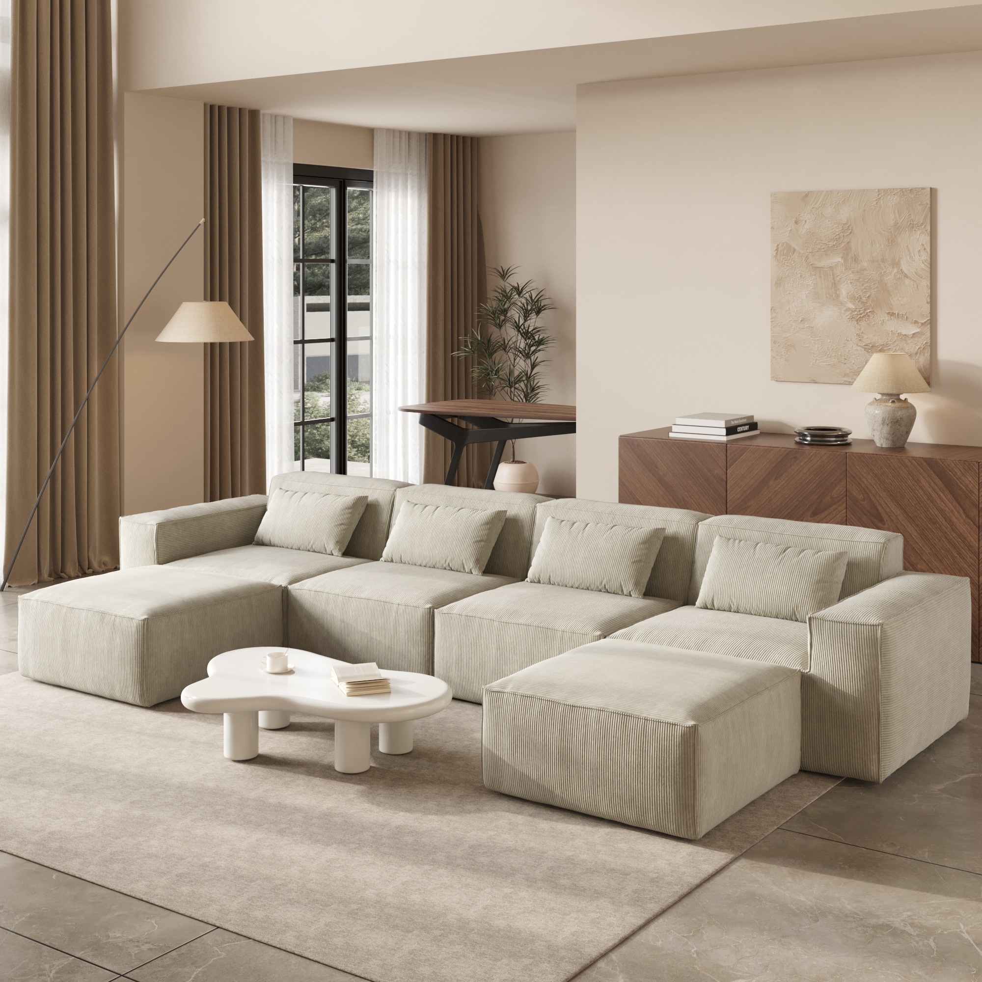BuotiqHom DH-SF4+2-130BE 149.6-in Modern Beige Velvet 4 -seater Sectional