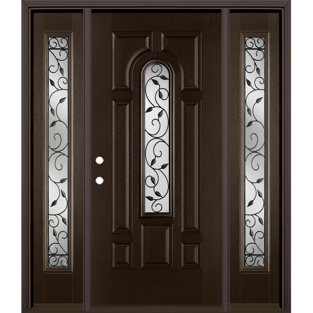 Masonite 3422430 Pergola 64-in x 80-in x 4-9/16-in Fiberglass Center arch lite Right-hand inswing Walnut Stained Prehung Front Door with Sidelights with Brickmould Insulating core