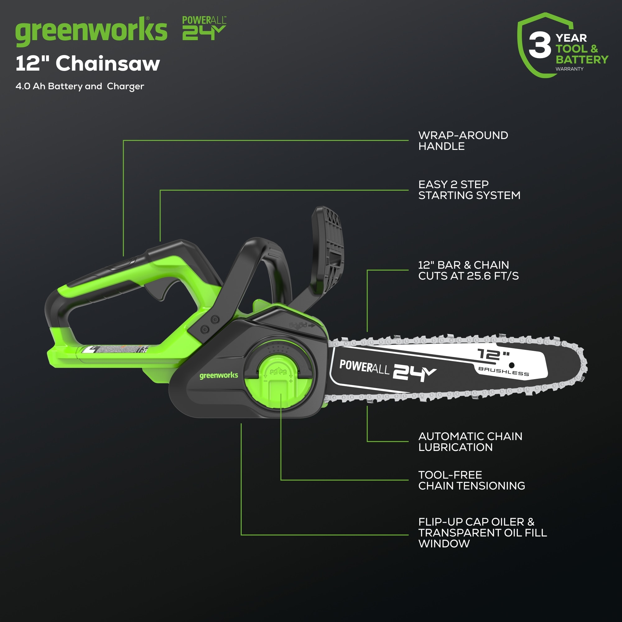Greenworks CS24L410 Cordless-Chainsaw - View #4