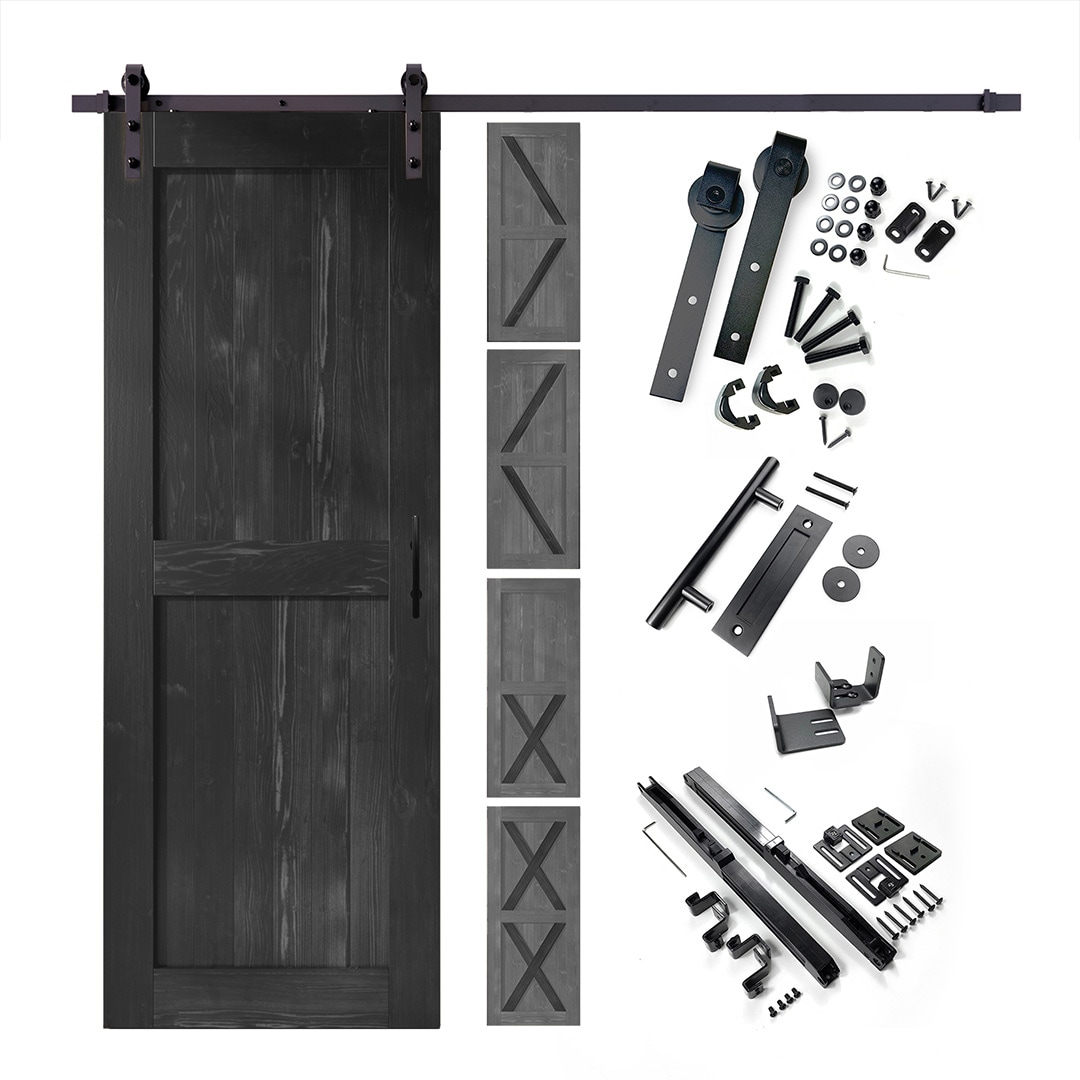 HOMACER YT1TGH066C-3280F-BK 32-in x 80-in Black Pine Wood Solid core Single Barn Door (Hardware Included)