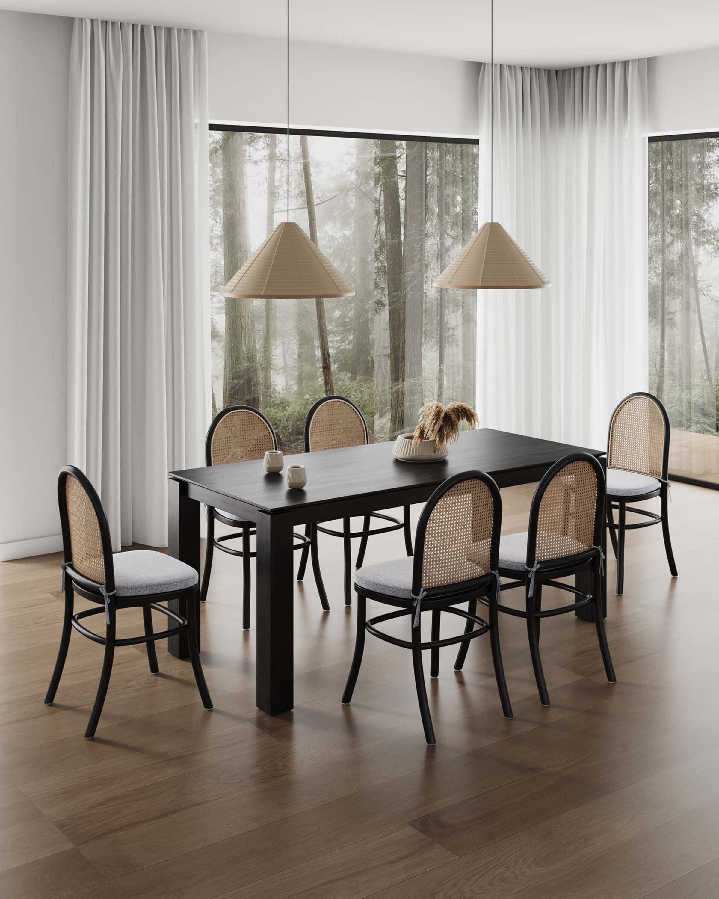 Black Ash Wood Rectangular Dining Table with 6 Chairs