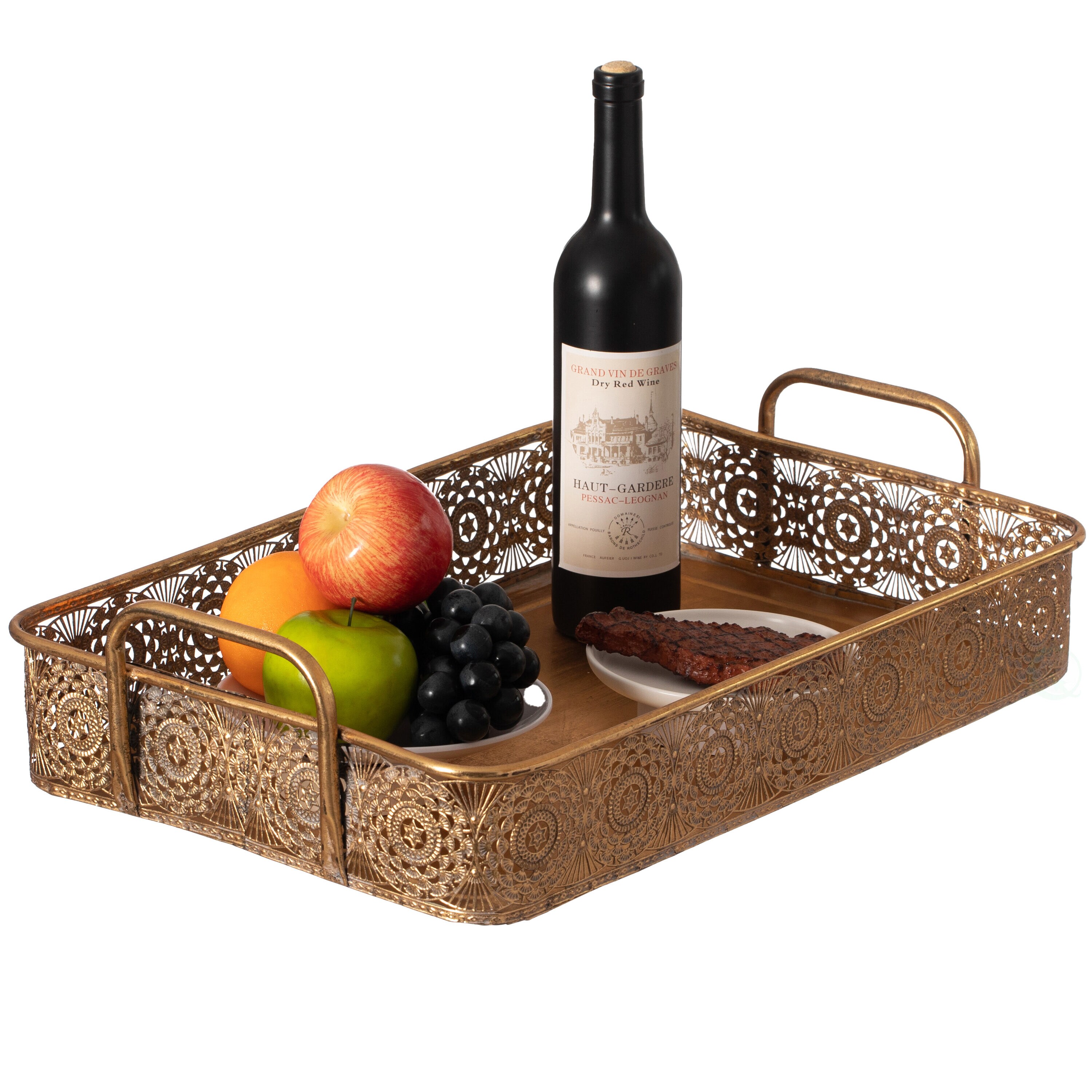Vintiquewise Metal Gold Rectangular Serving Tray with Oval Design and Handles, Large #QI004435.L