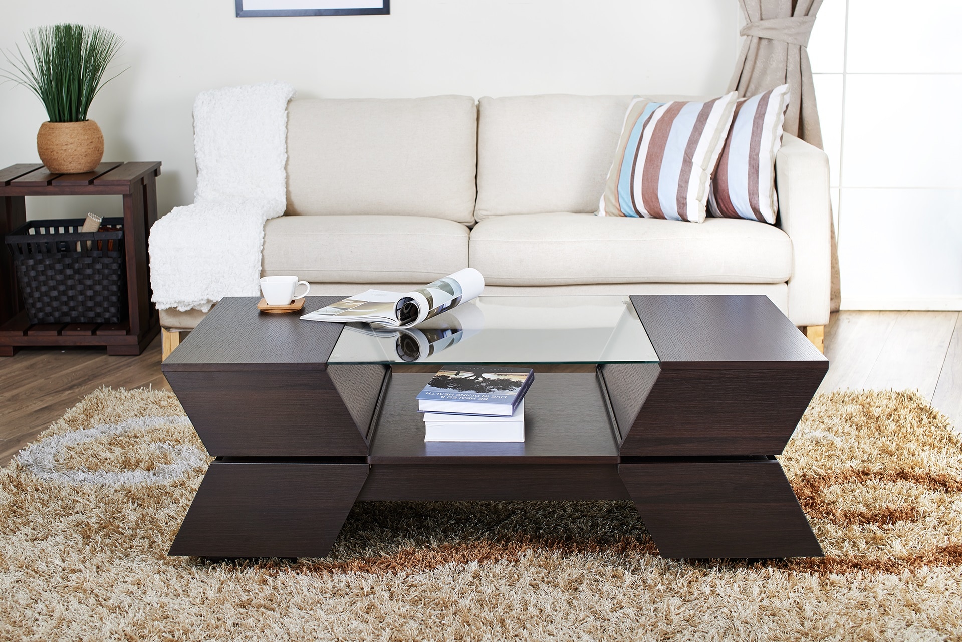 Furniture of America YNJ-1405-5 Rossore Espresso and clear Glass Modern Coffee Table with Storage