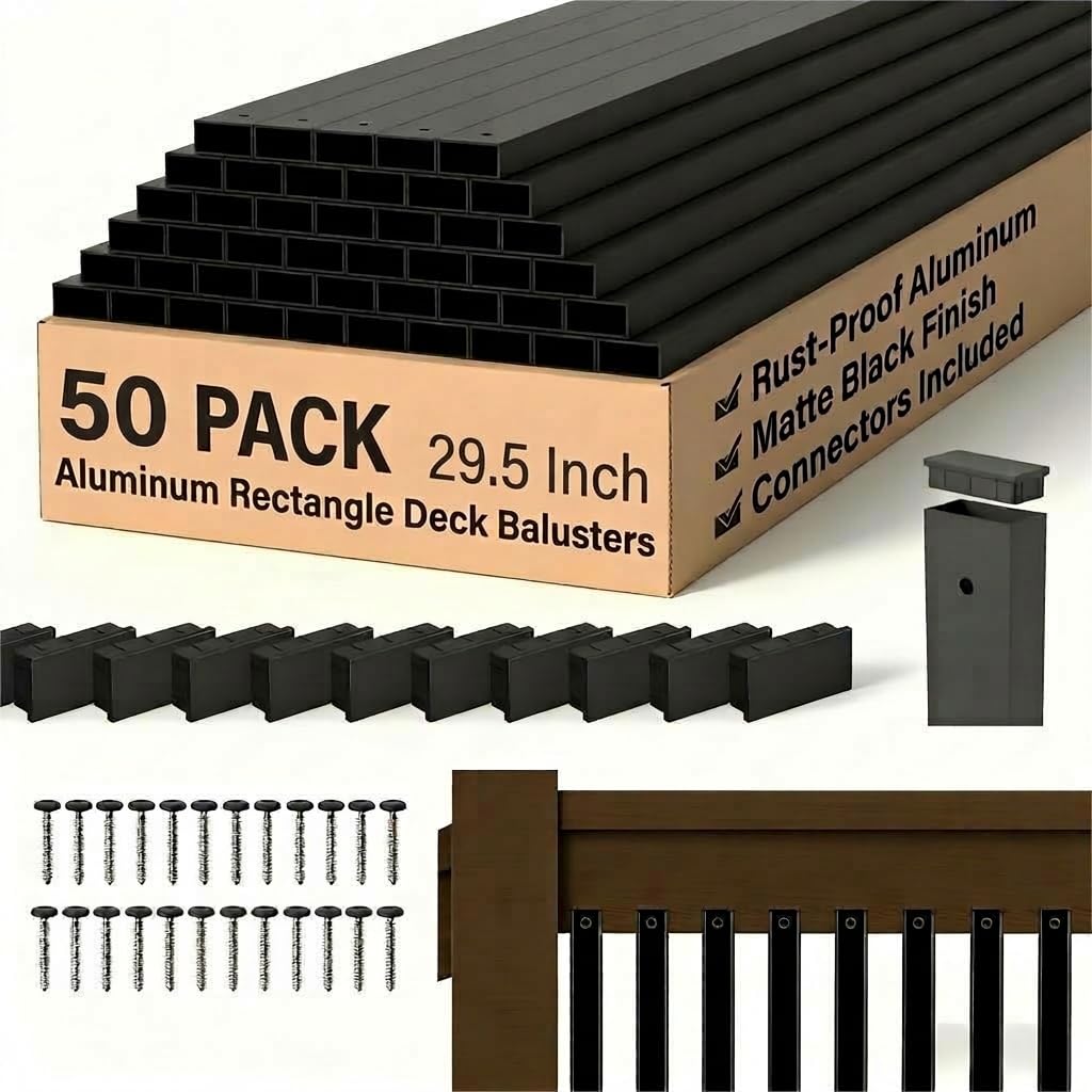 Oyezvary  50 Pack 29.5 in Black Aluminum Rectangle Deck Balusters with End Caps and Stainless Steel Screws Metal Railing Spindles Kit for Outdoor