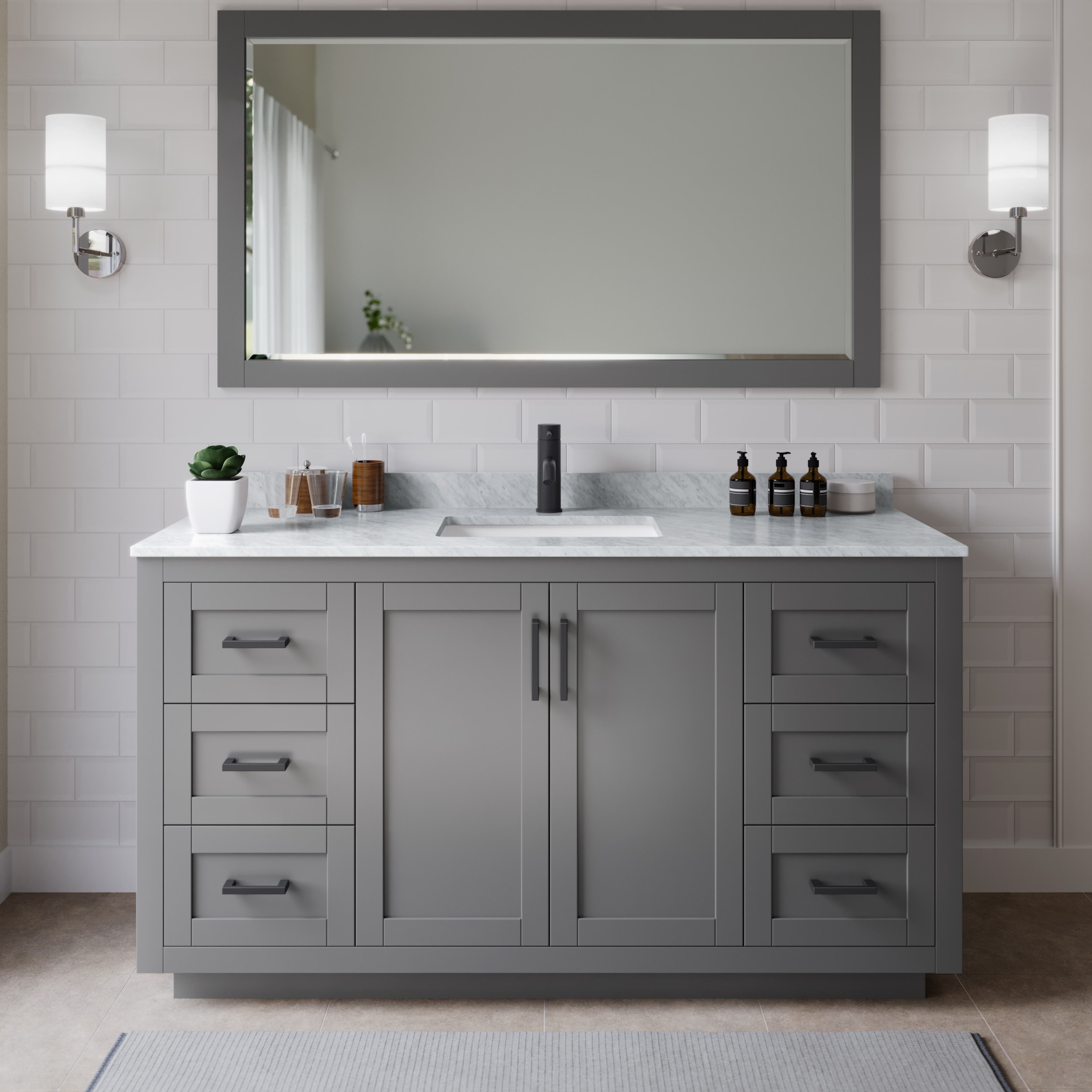 Wyndham Collection WCF292966SGBCMUNSM58 Miranda 66-in Dark Gray with Matte Black Trim Undermount Single Sink Bathroom Vanity with White Carrara Marble Marble Top (Mirror Included)